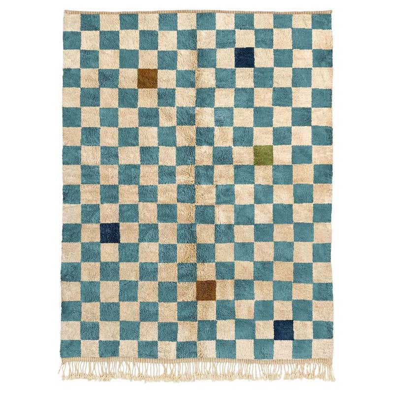 Moroccan Blue Color Checkered Pattern rug 9’x12’, Modern Mrirt rug ...