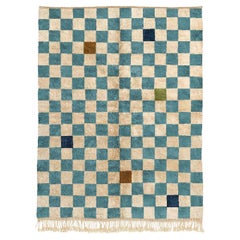 Marokkanischer blauer Beni Mrirt-Teppich in Marokkanischer Farbe, moderner Schachmuster, maßgefertigt