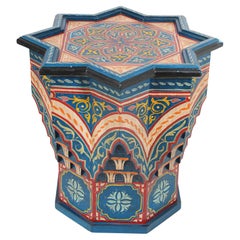 Vintage Moroccan Blue Hand Painted Moorish Side Table