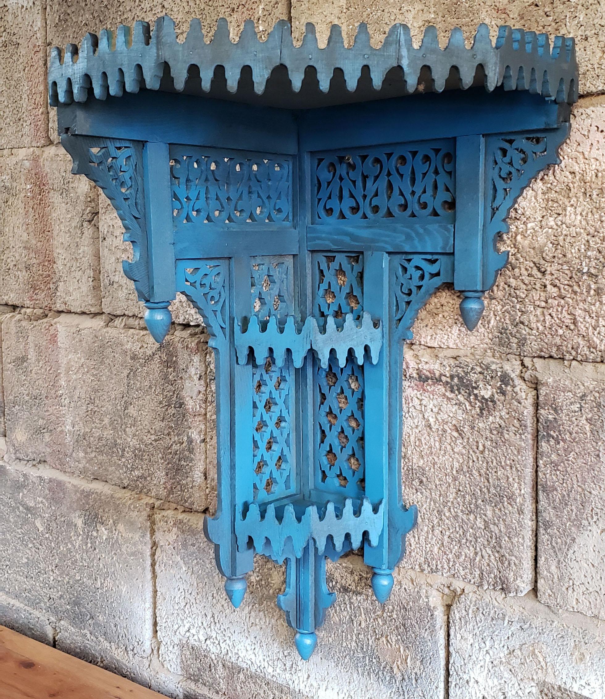 Contemporary Moroccan Blue Wooden Corner Shelf For Sale