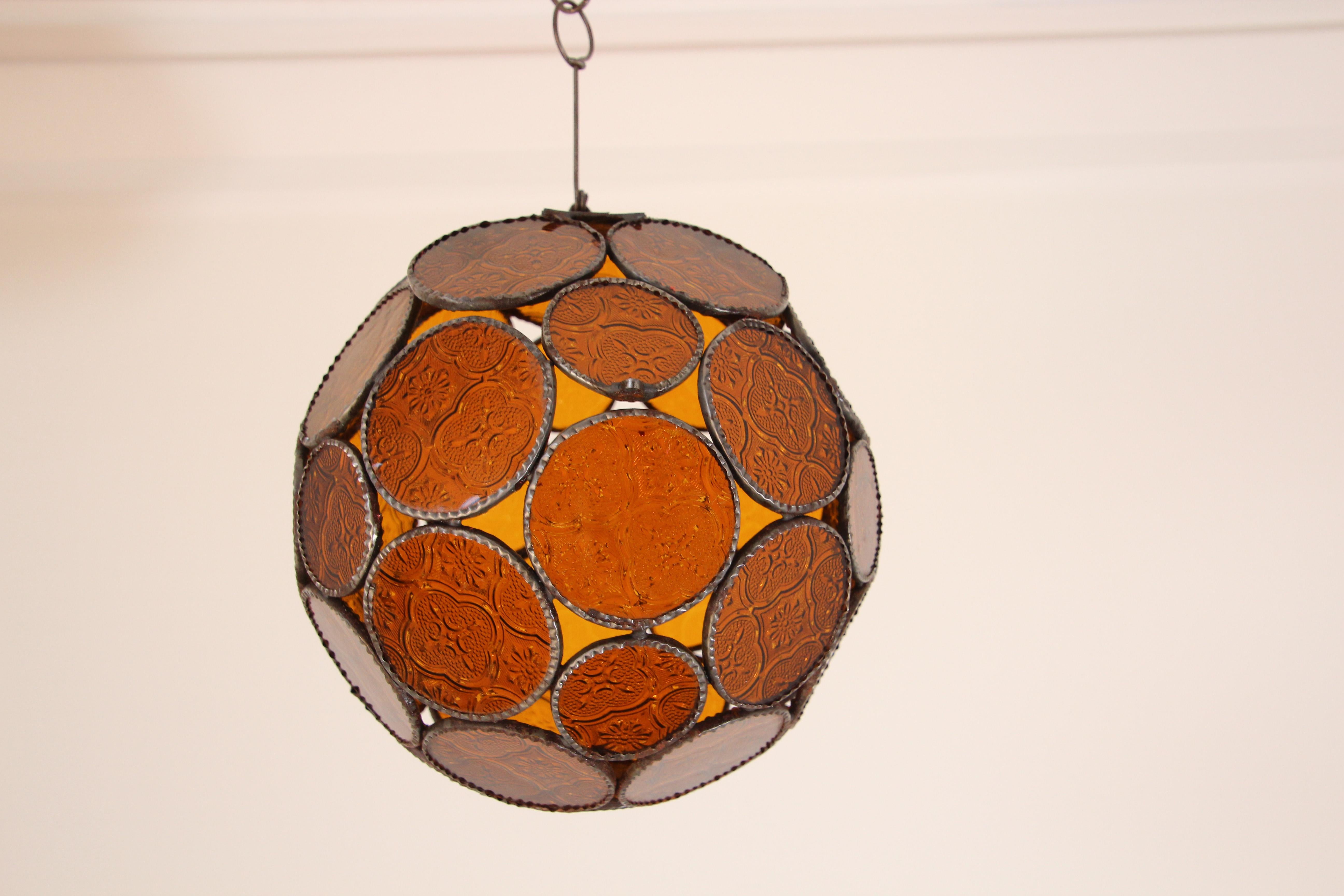 Moroccan Bohemian Amber Glass Lantern or Orb Pendant 3
