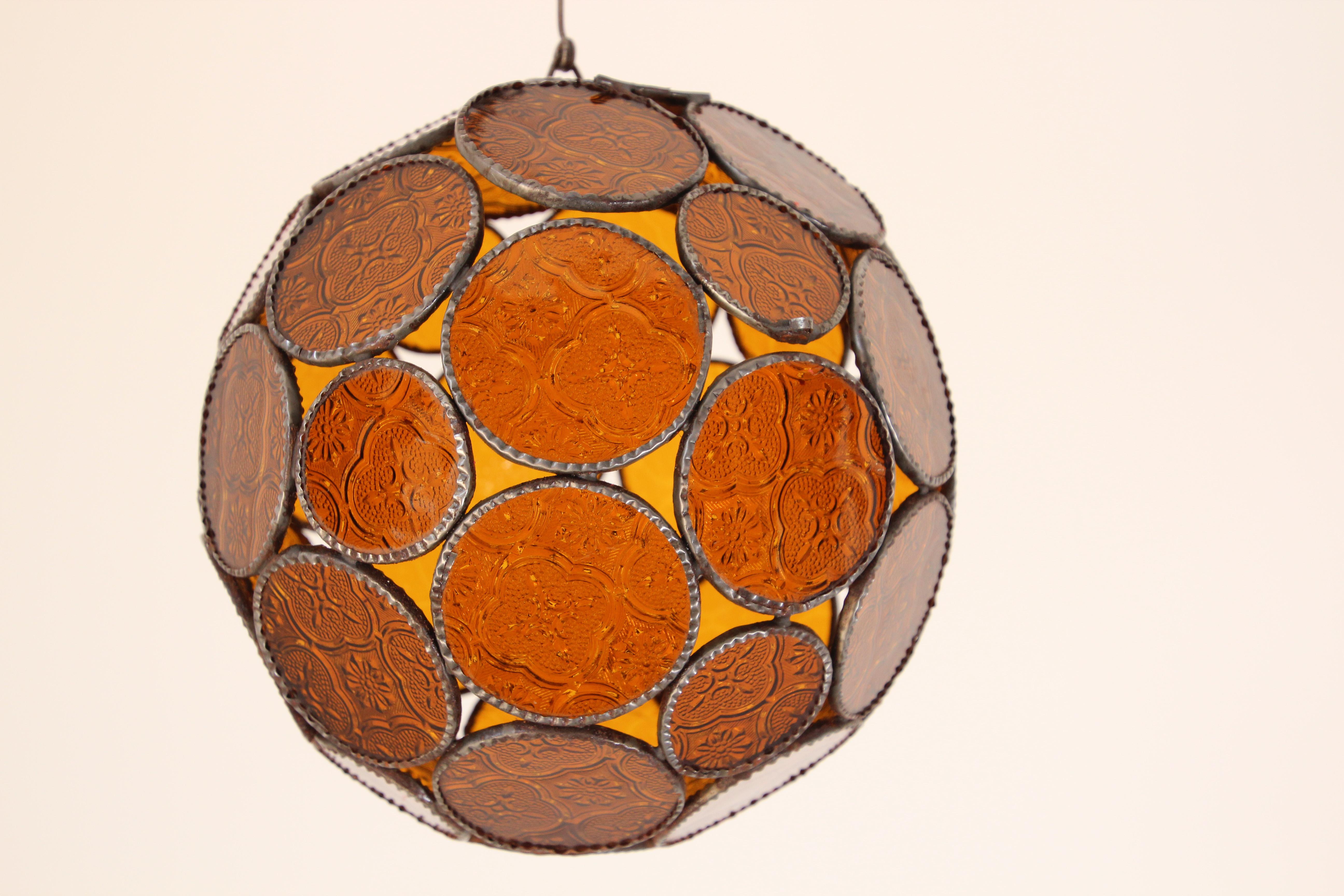 Moroccan Bohemian Amber Glass Lantern or Orb Pendant In Good Condition In North Hollywood, CA