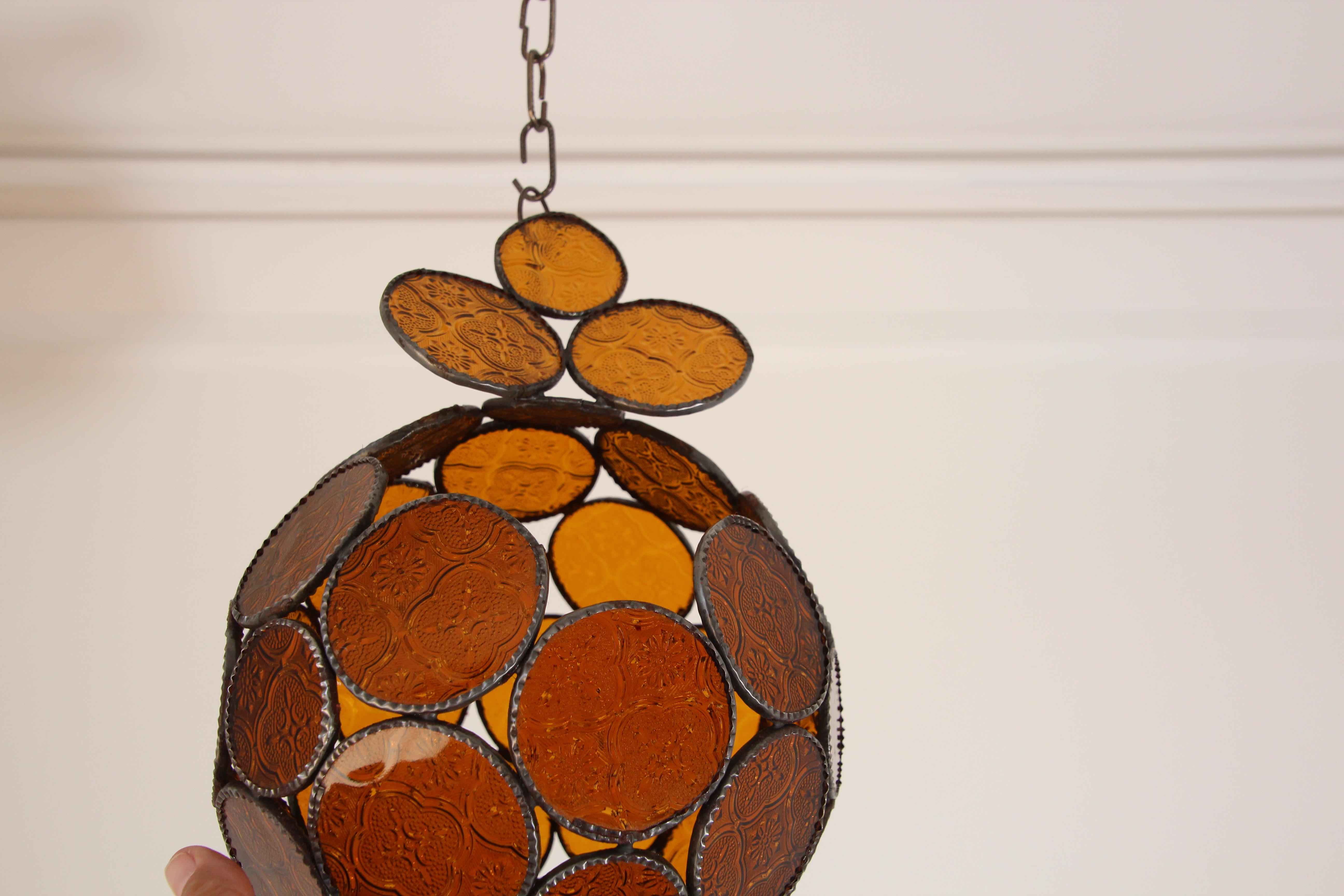 20th Century Moroccan Bohemian Amber Glass Lantern or Orb Pendant