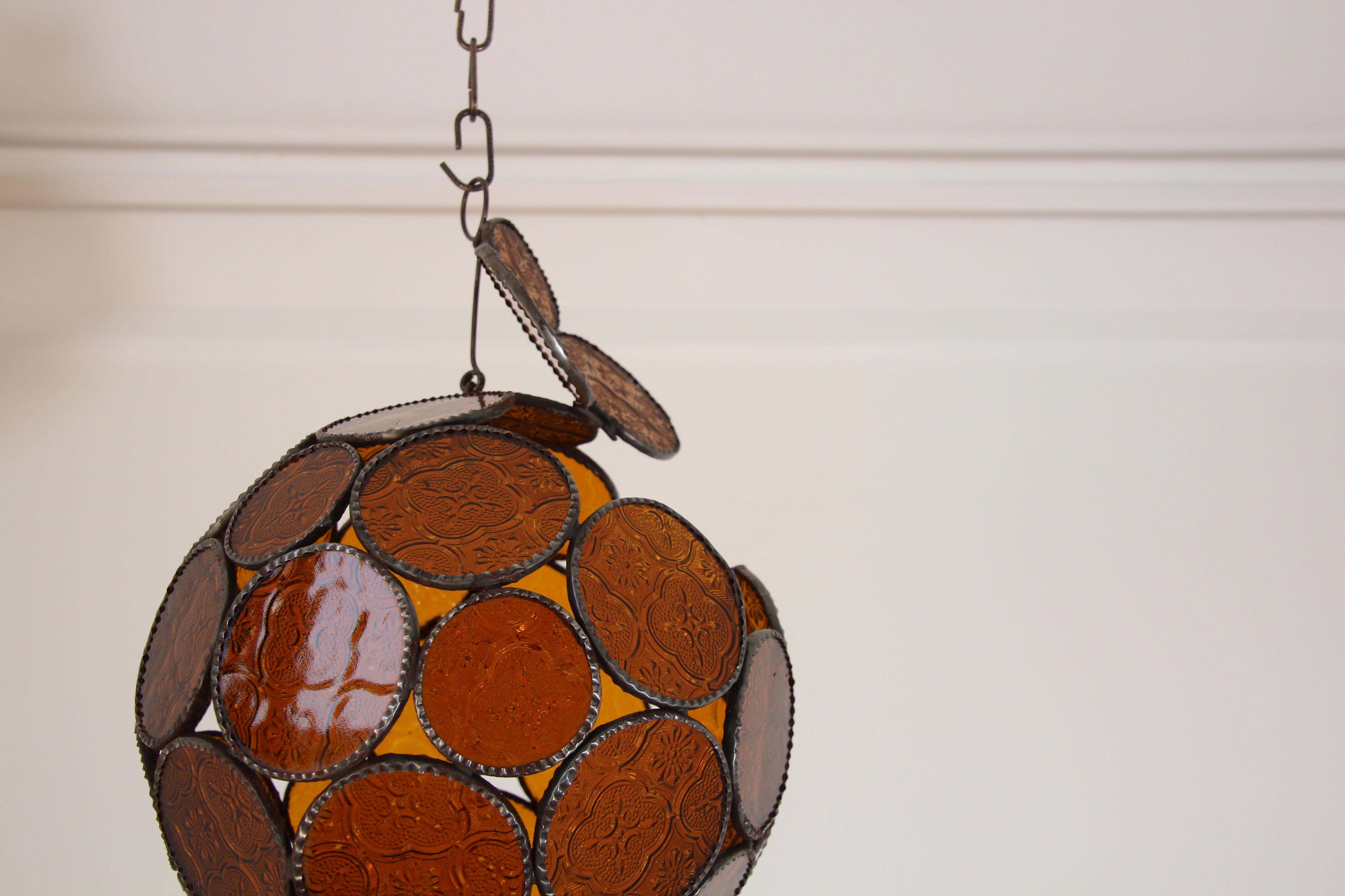 Metal Moroccan Bohemian Amber Glass Lantern or Orb Pendant