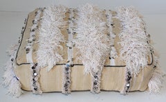 Moroccan Floor Pillow White Pouf with Silver Sequins and Long Fringes
