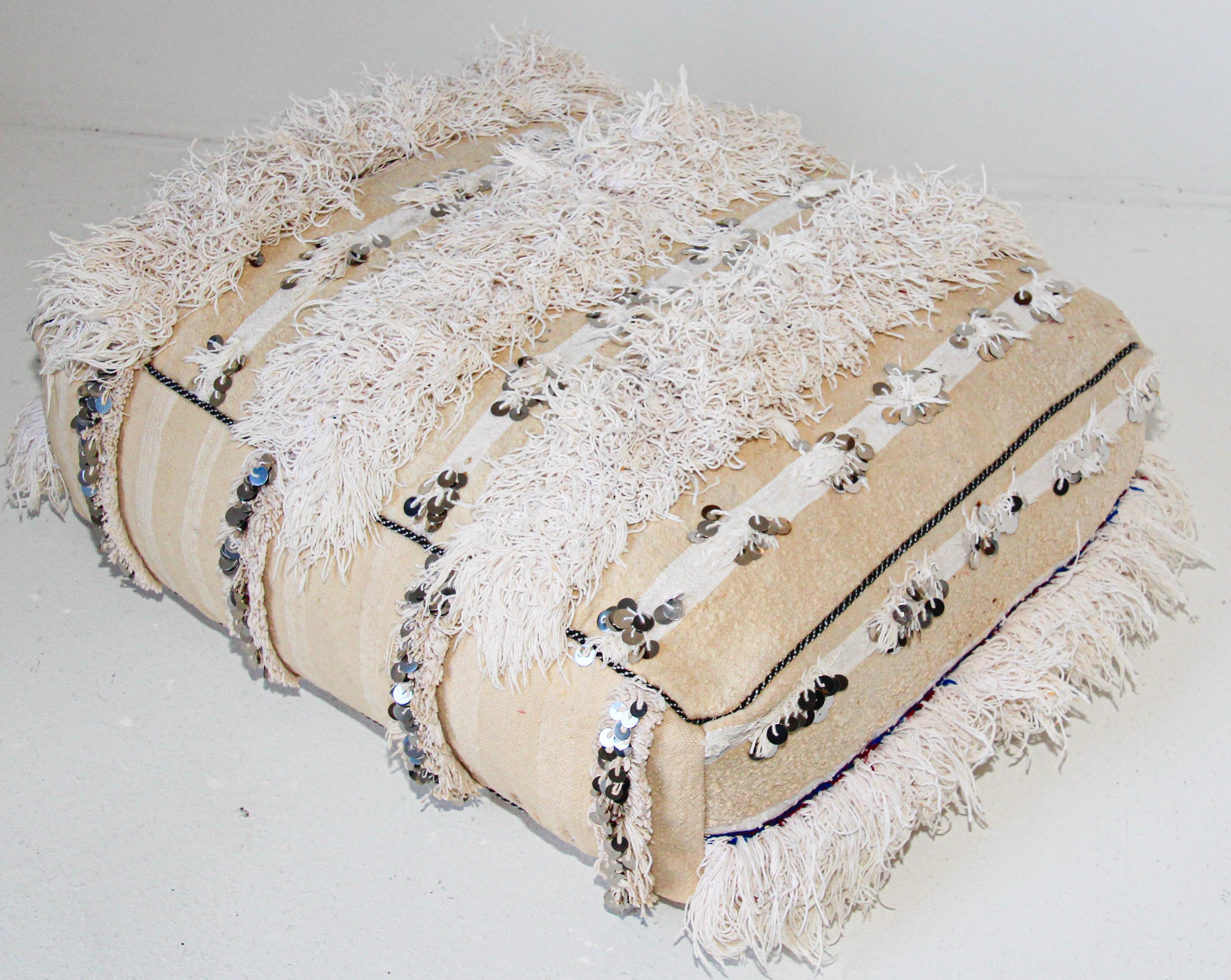 Hand-Crafted Moroccan Floor Pillow White Pouf with Silver Sequins and Long Fringes