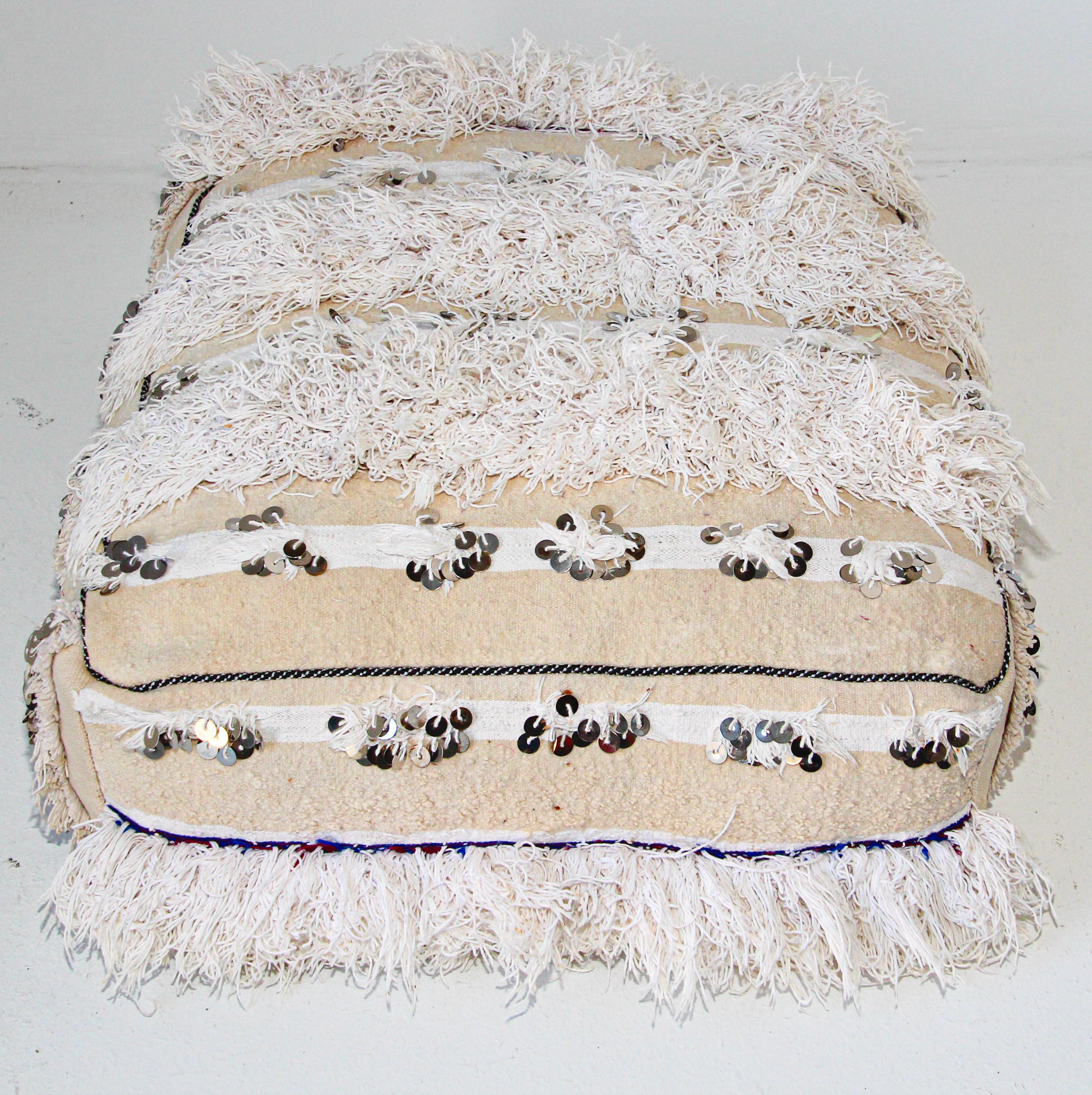 Moroccan Floor Pillow White Pouf with Silver Sequins and Long Fringes In Good Condition In North Hollywood, CA