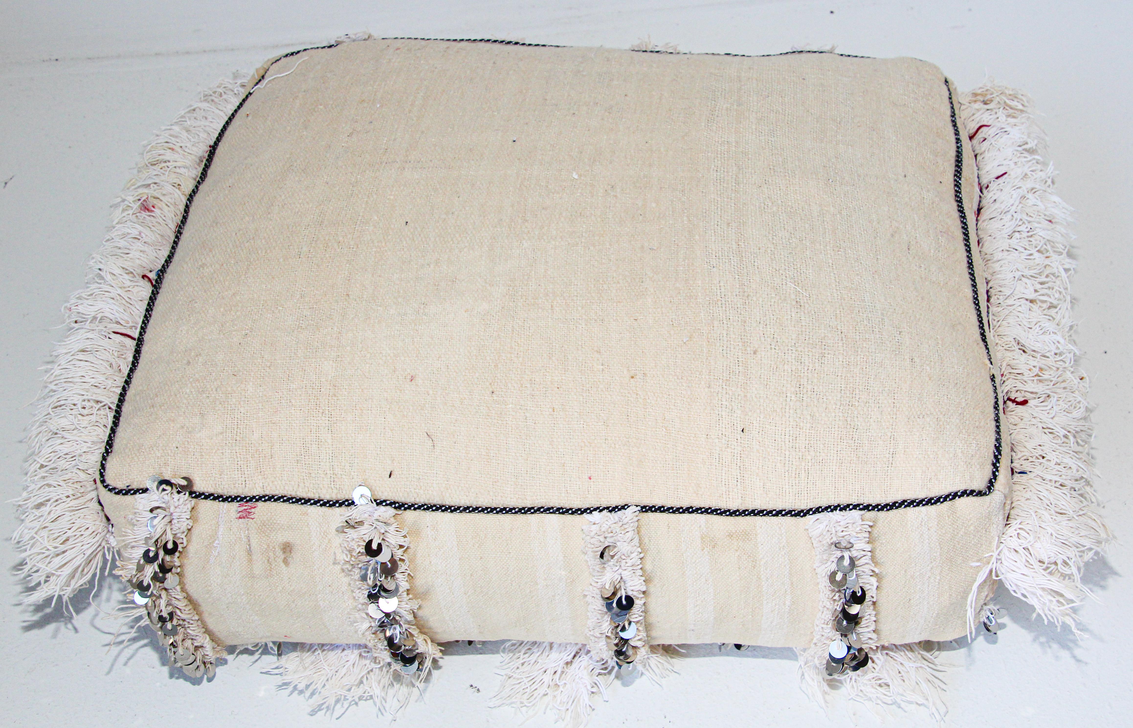 20th Century Moroccan Floor Pillow White Pouf with Silver Sequins and Long Fringes