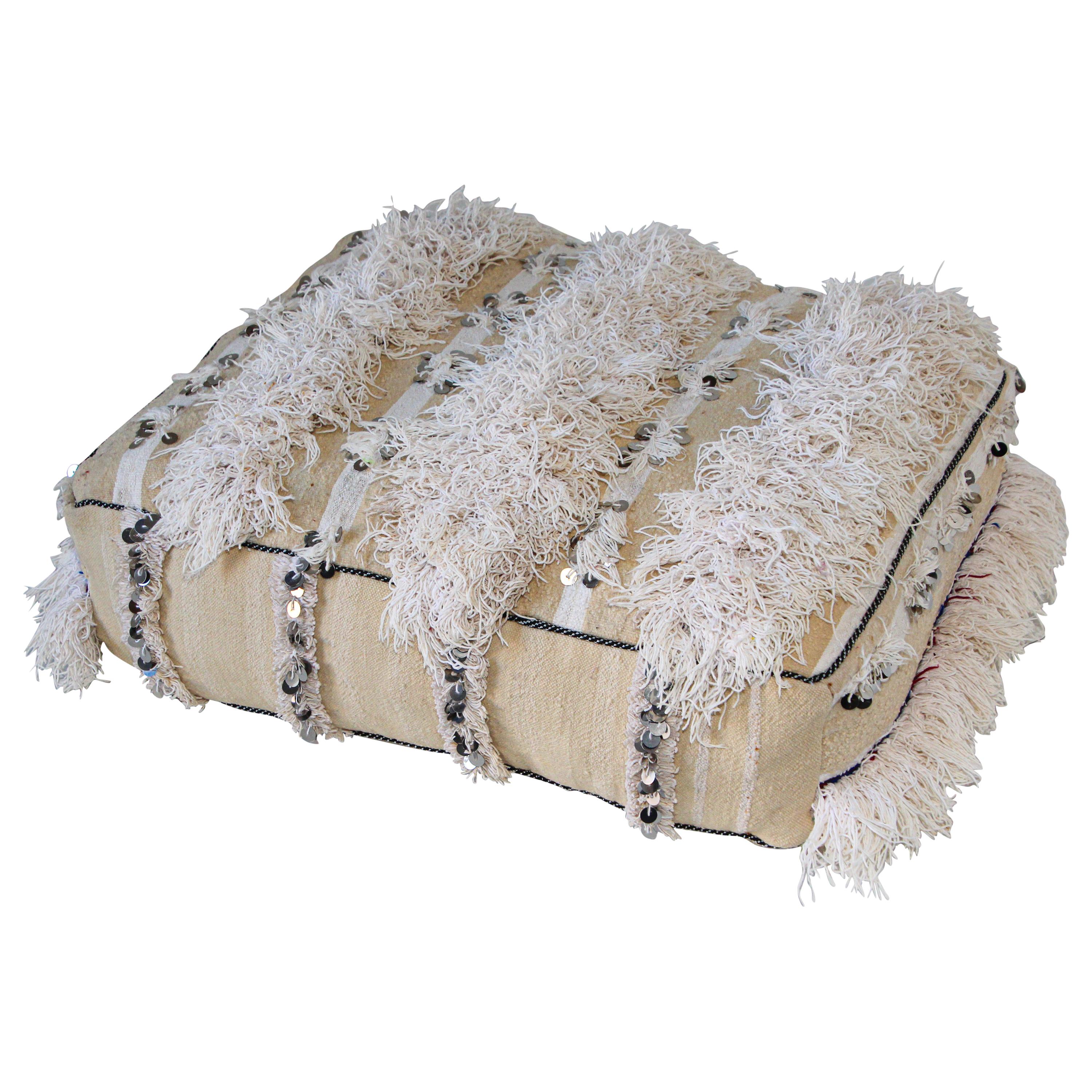 Moroccan Floor Pillow White Pouf with Silver Sequins and Long Fringes