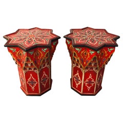 Moroccan Bohemian Red Star Hand Painted End or Side Table, a Pair