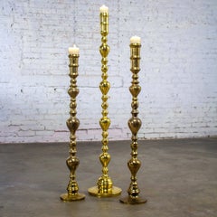 Moroccan & Bohemian Style Set of 3 Tiered Turned Brass Floor Candlesticks