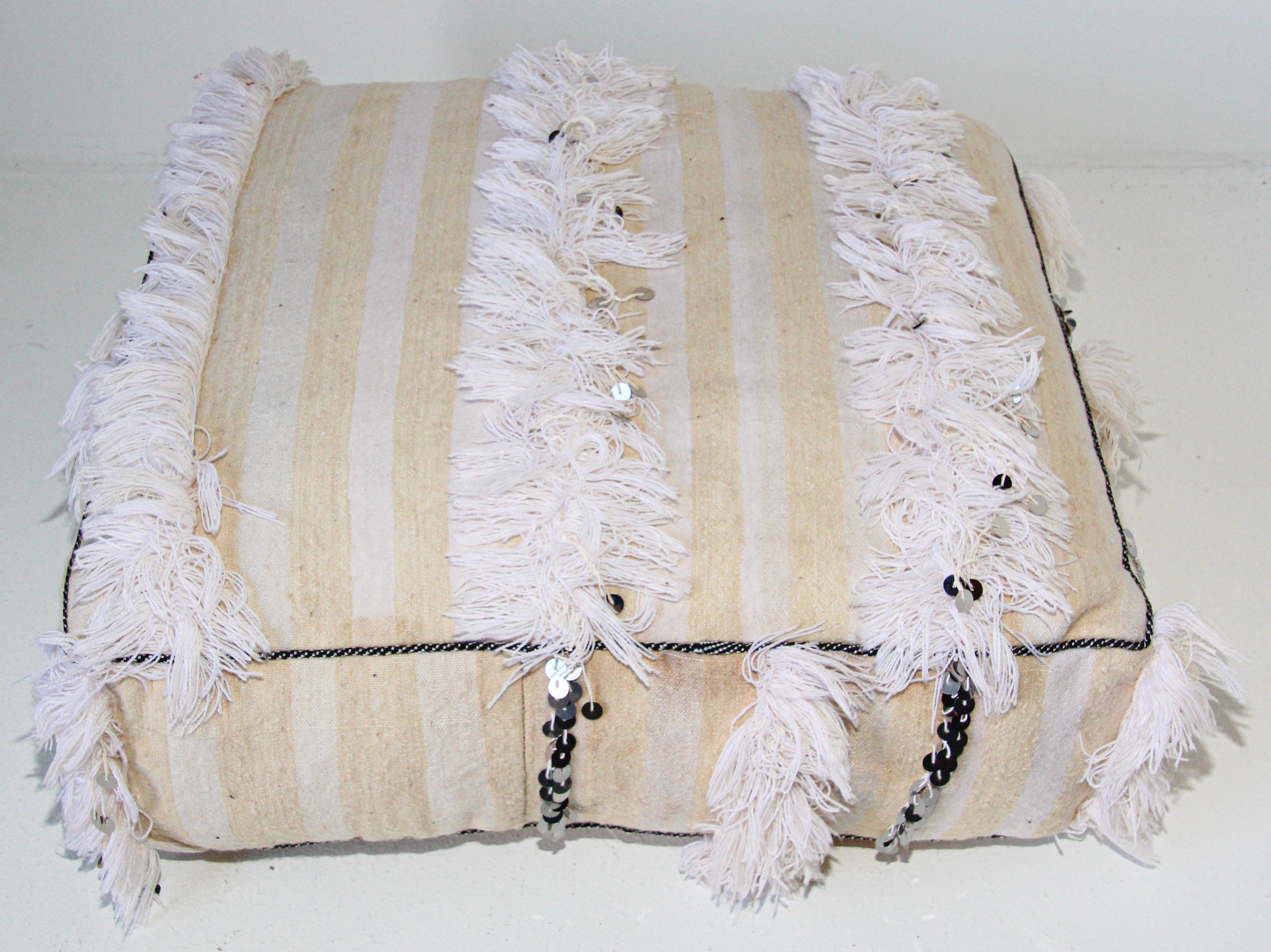 Moroccan White Floor Pillow Pouf with Silver Sequins and Long Fringes 4