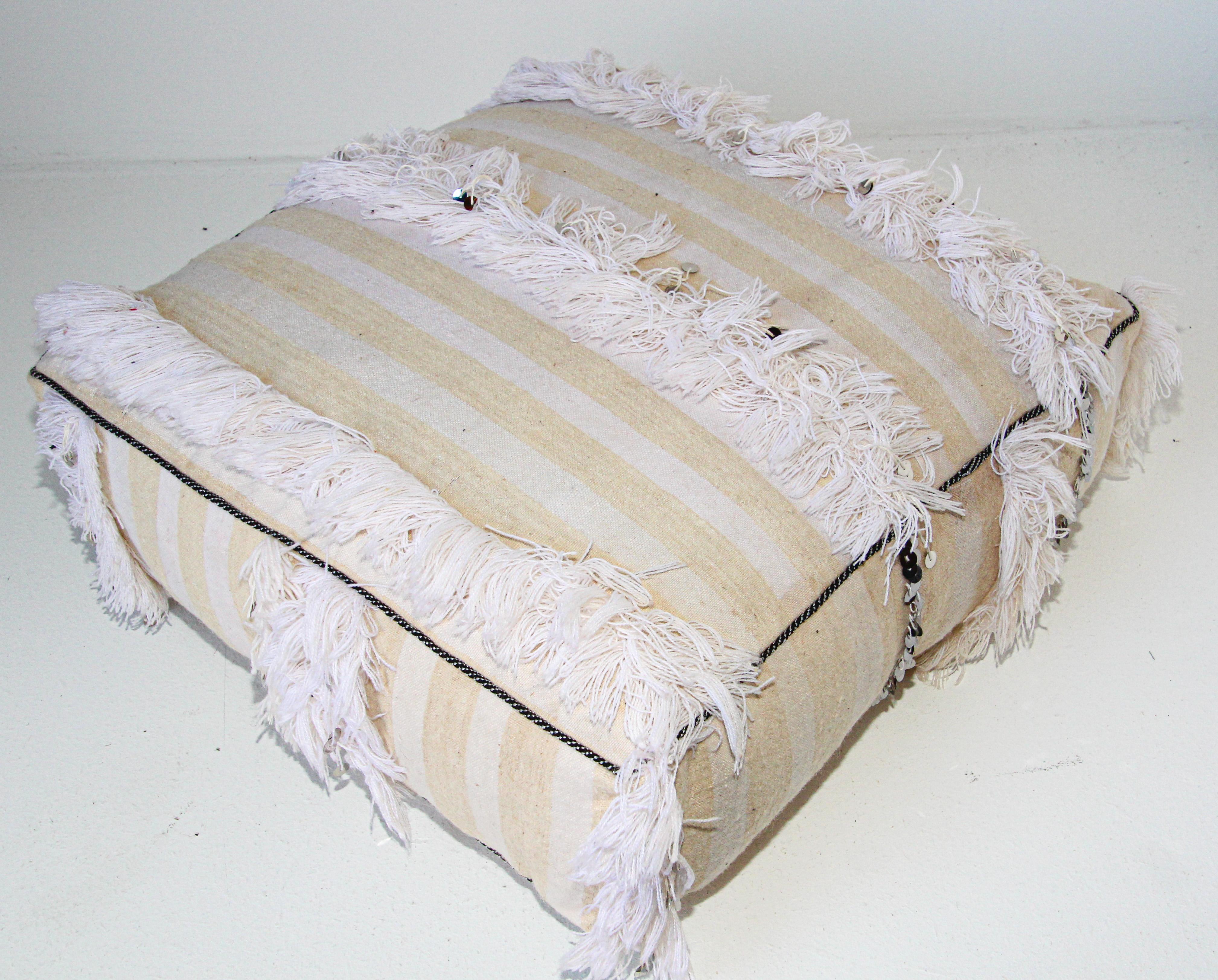 Moroccan White Floor Pillow Pouf with Silver Sequins and Long Fringes 5