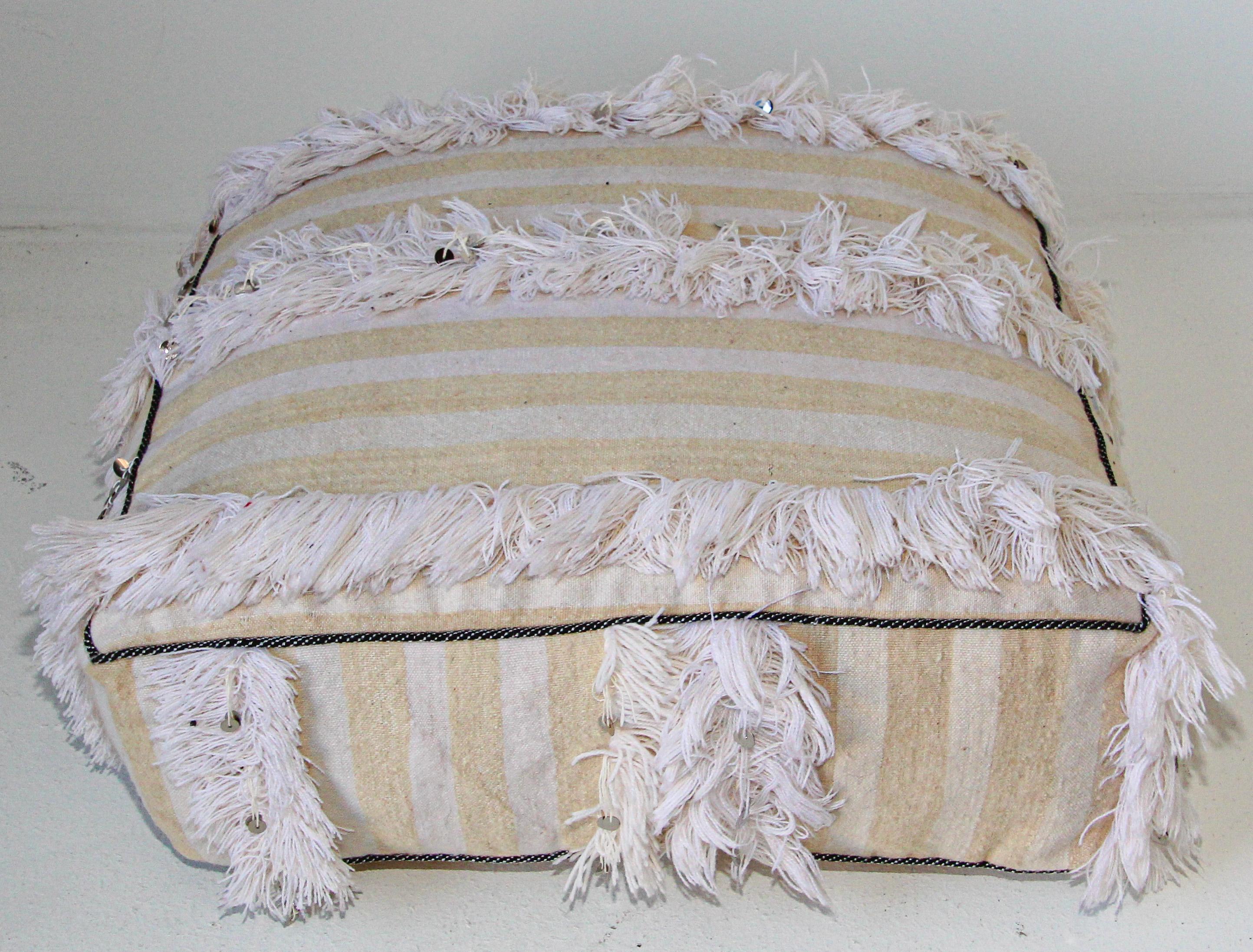 Moroccan White Floor Pillow Pouf with Silver Sequins and Long Fringes 6