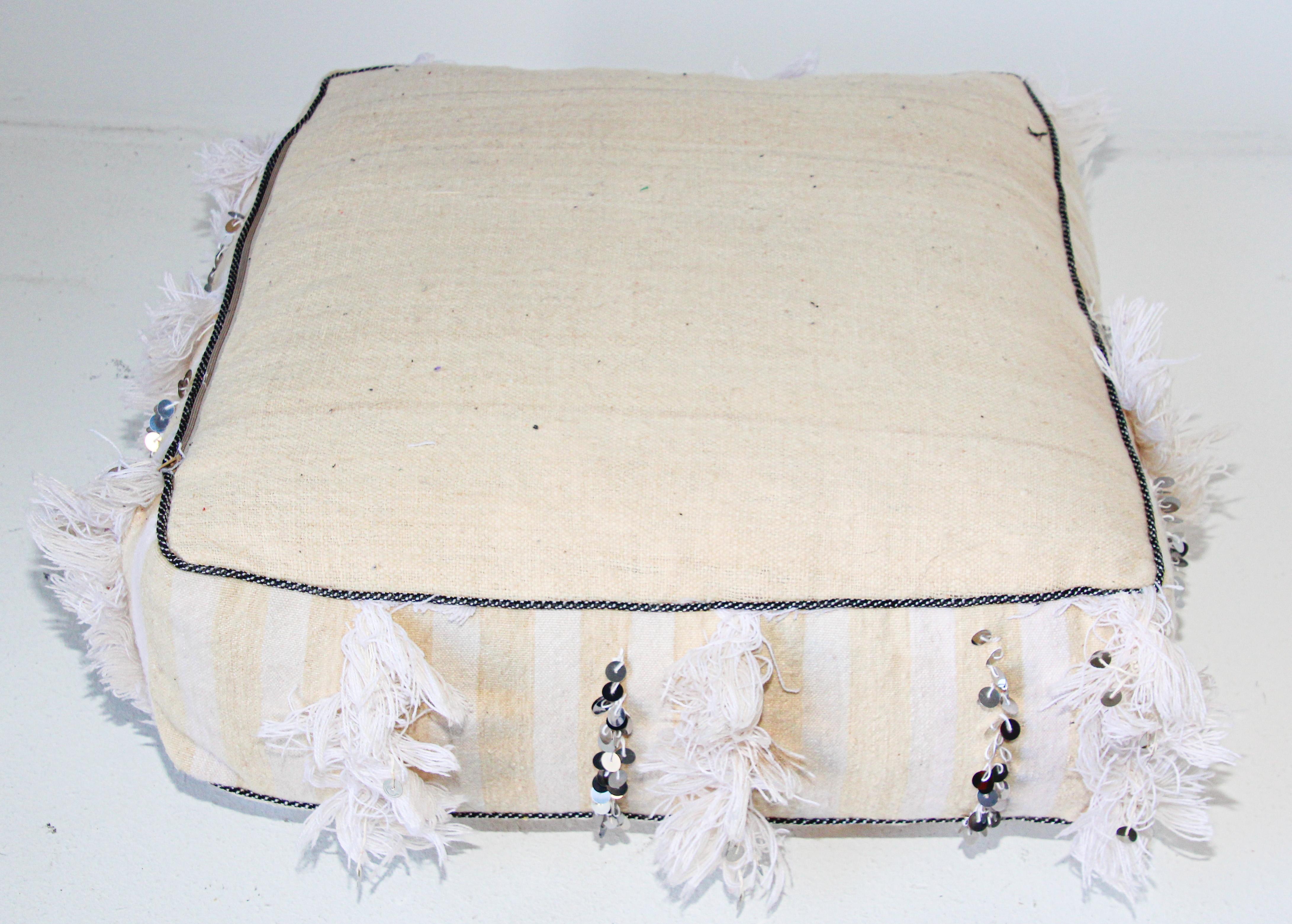 Moroccan White Floor Pillow Pouf with Silver Sequins and Long Fringes 7