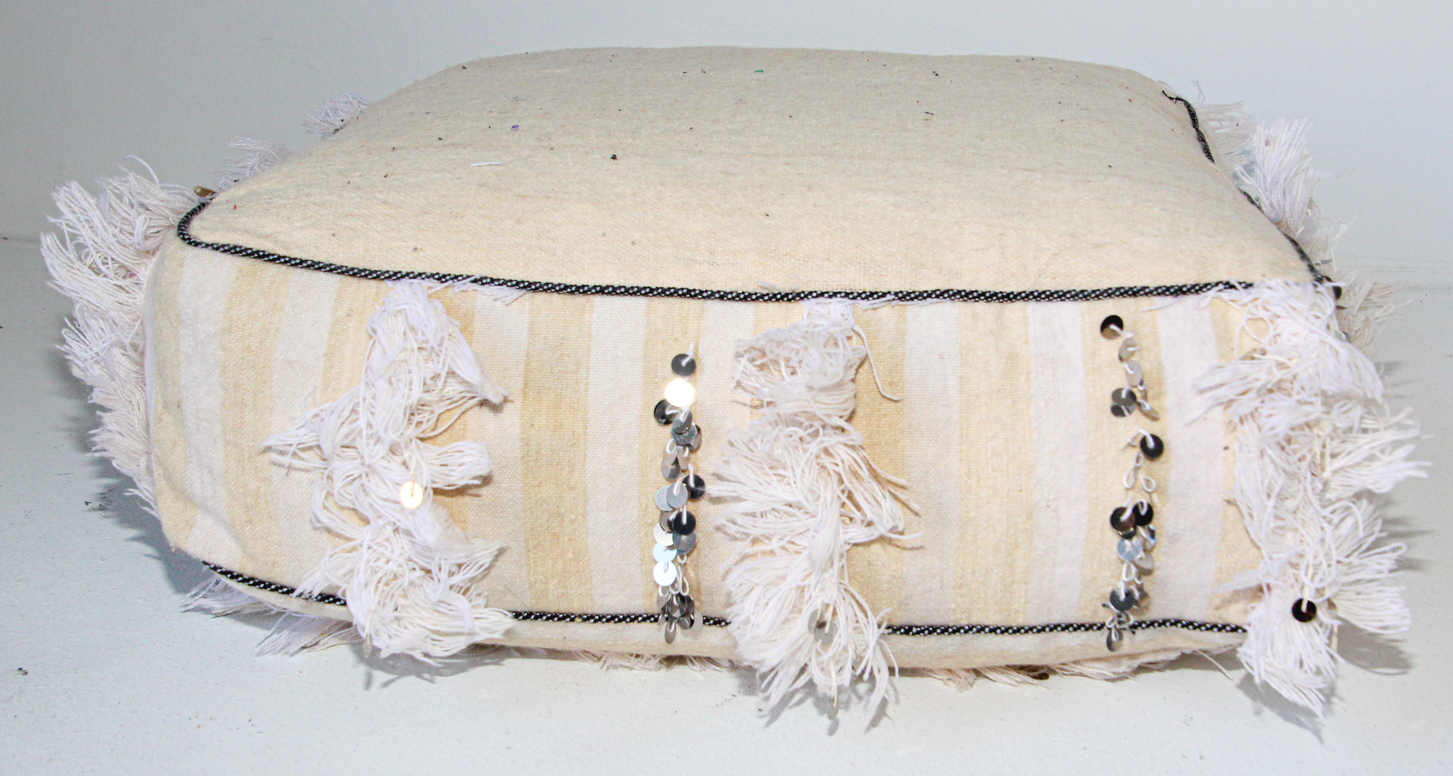 Moroccan White Floor Pillow Pouf with Silver Sequins and Long Fringes 8