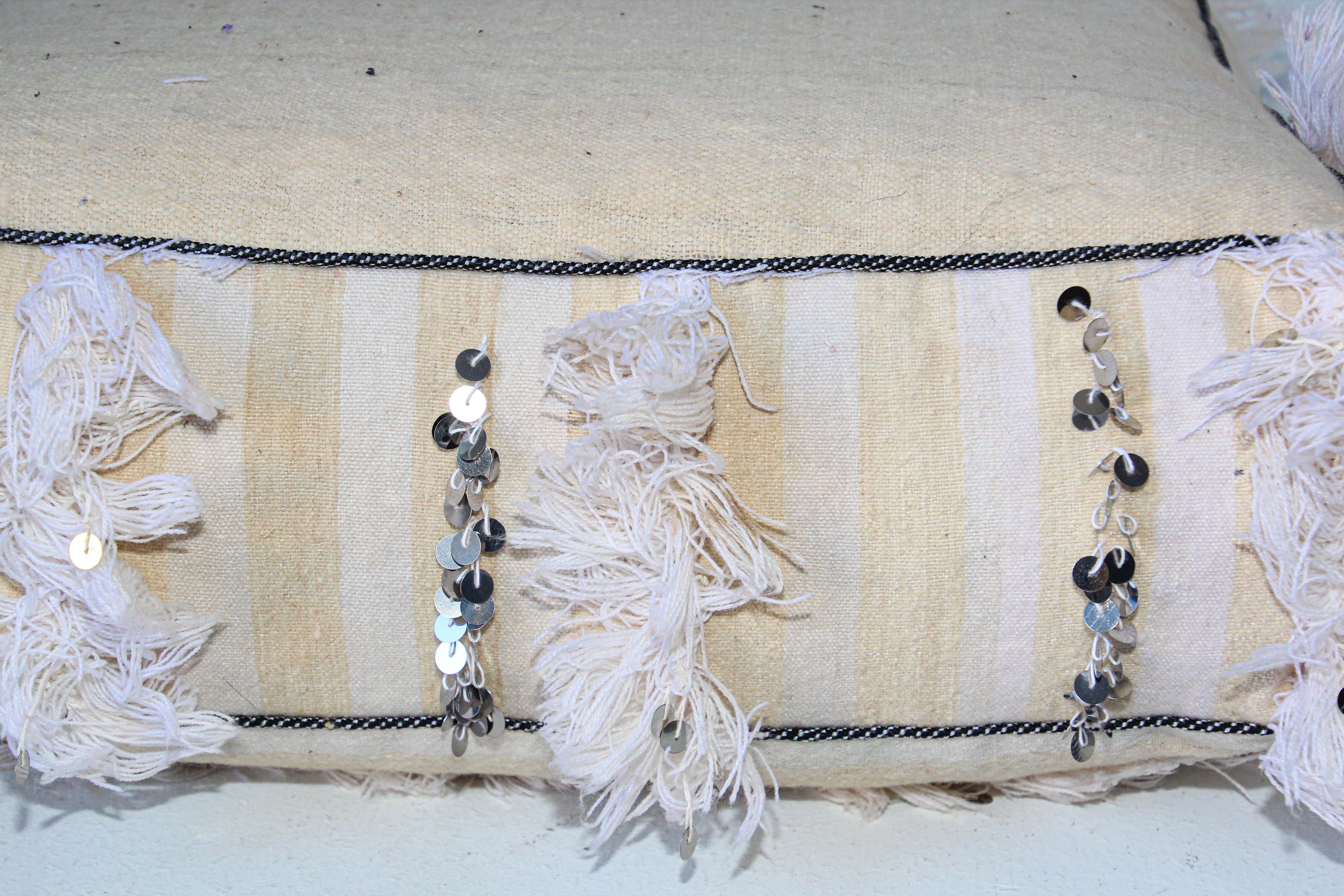 Moroccan White Floor Pillow Pouf with Silver Sequins and Long Fringes 9