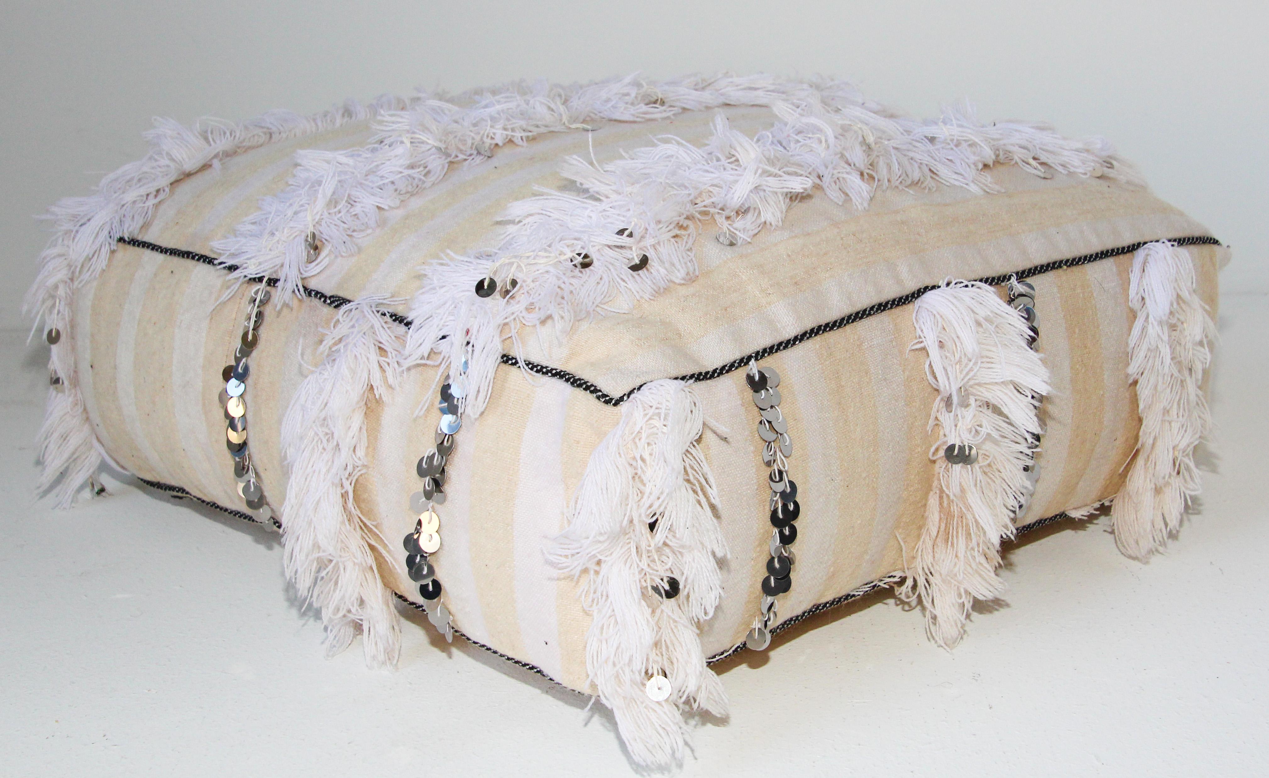 Bohemian Moroccan White Floor Pillow Pouf with Silver Sequins and Long Fringes