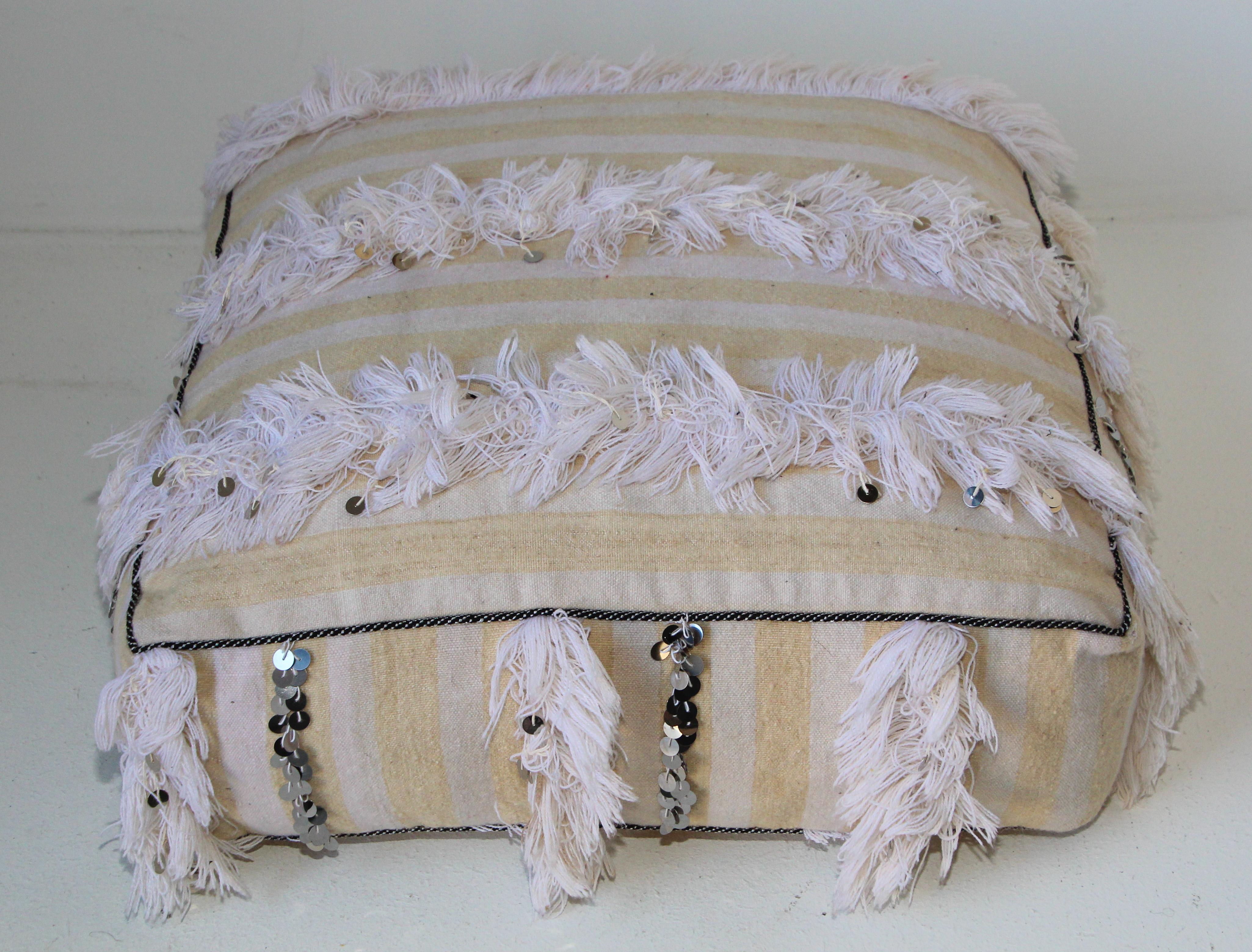 Hand-Crafted Moroccan White Floor Pillow Pouf with Silver Sequins and Long Fringes