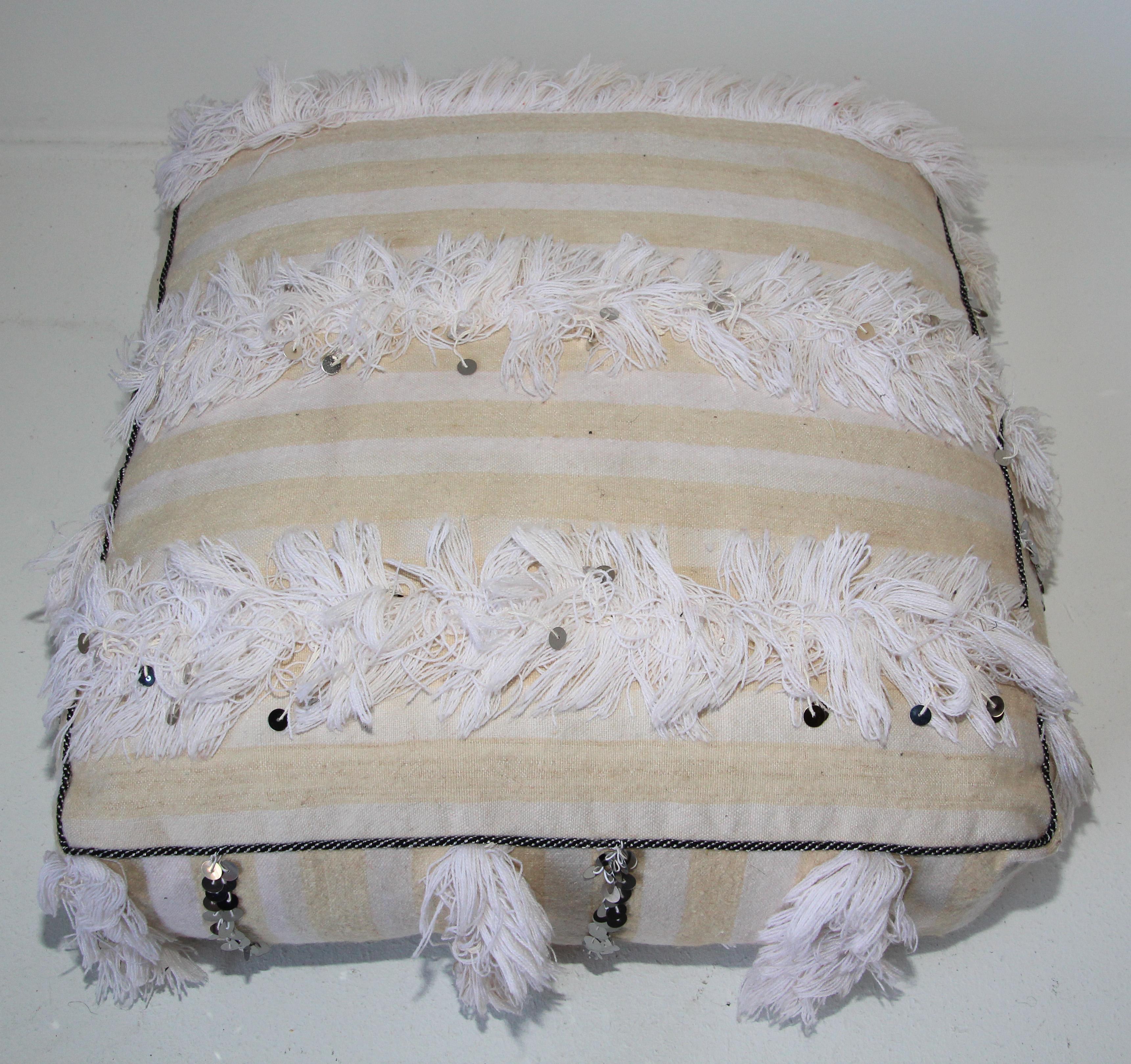 20th Century Moroccan White Floor Pillow Pouf with Silver Sequins and Long Fringes