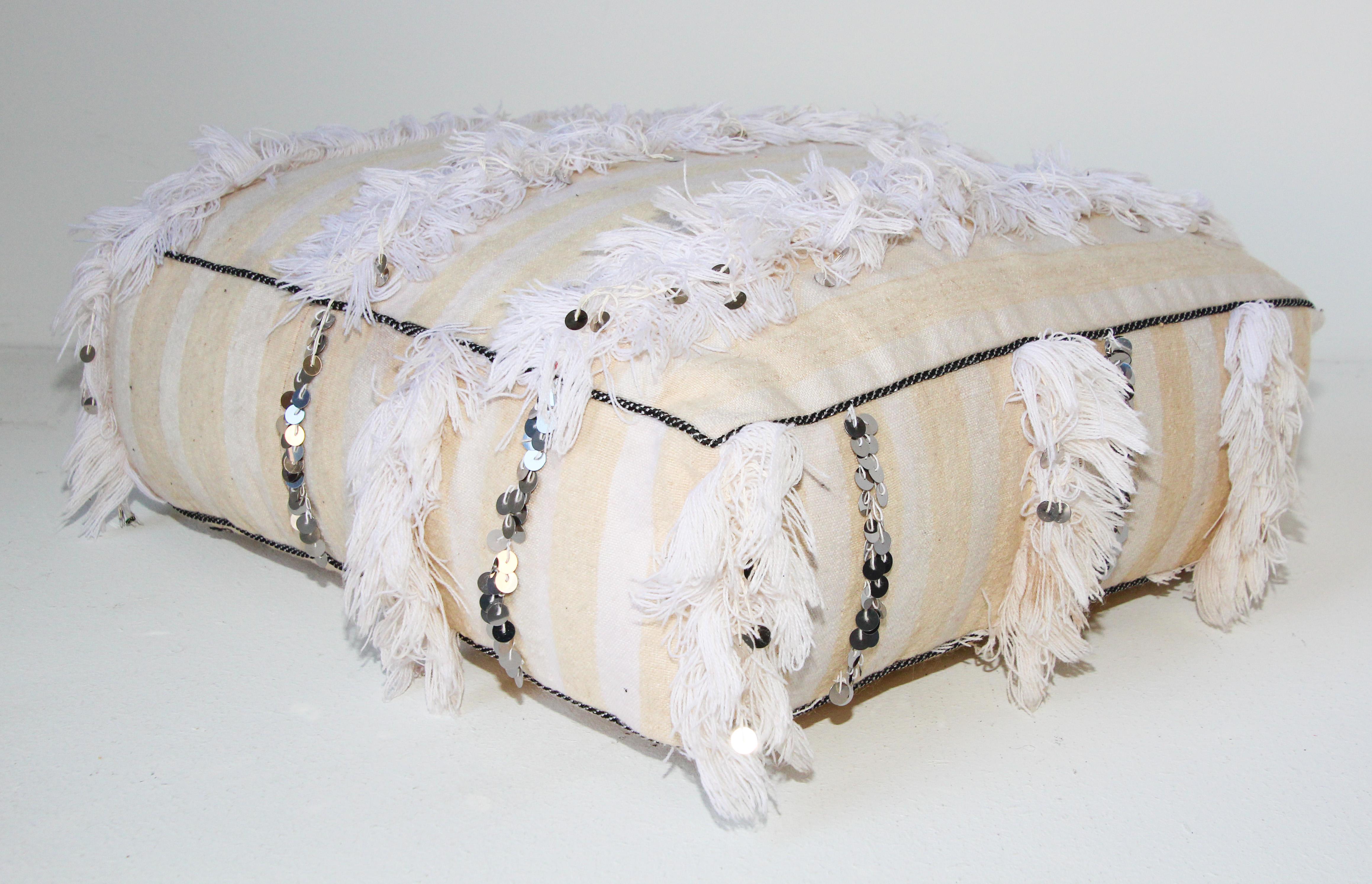Moroccan White Floor Pillow Pouf with Silver Sequins and Long Fringes 1