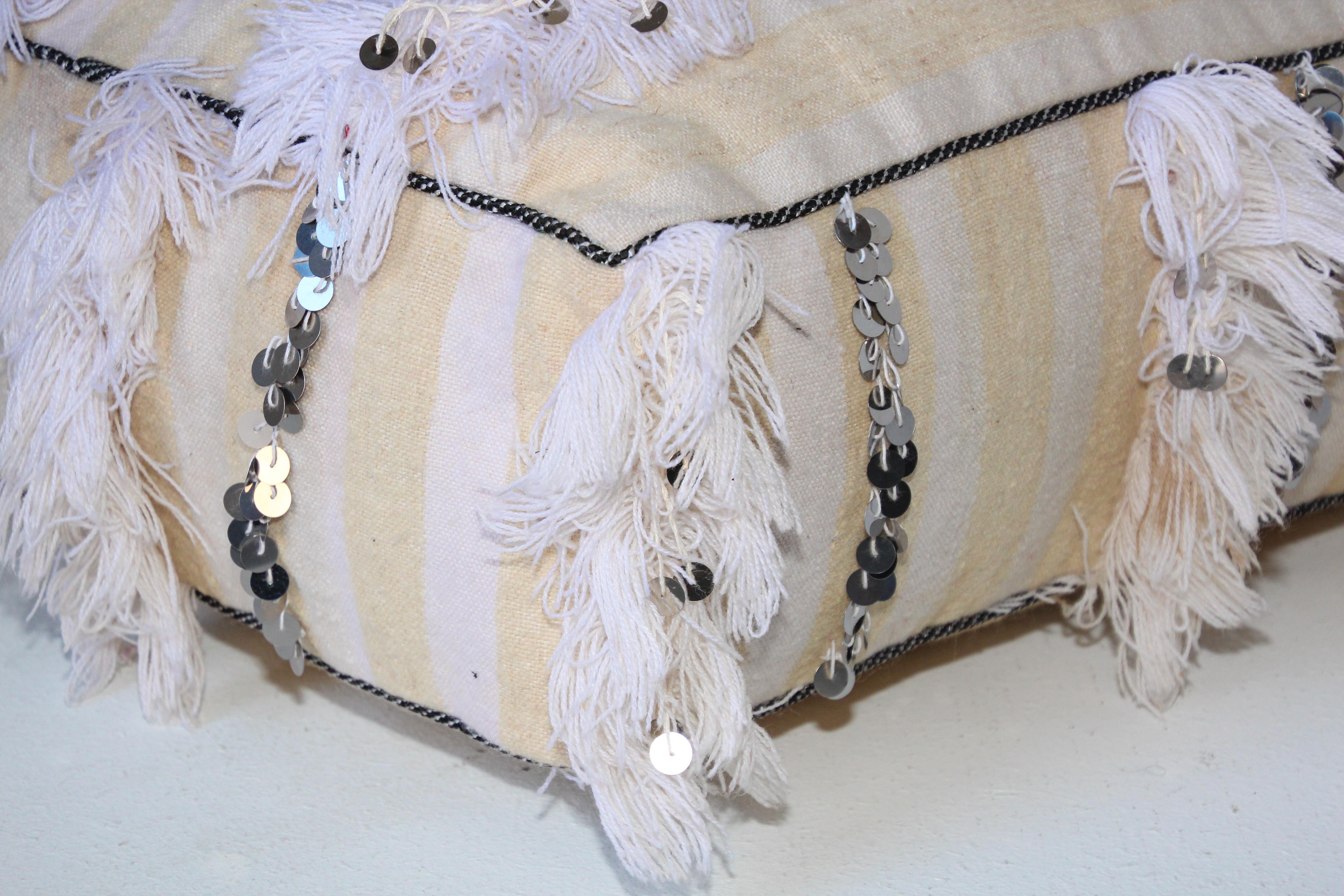 Moroccan White Floor Pillow Pouf with Silver Sequins and Long Fringes 2