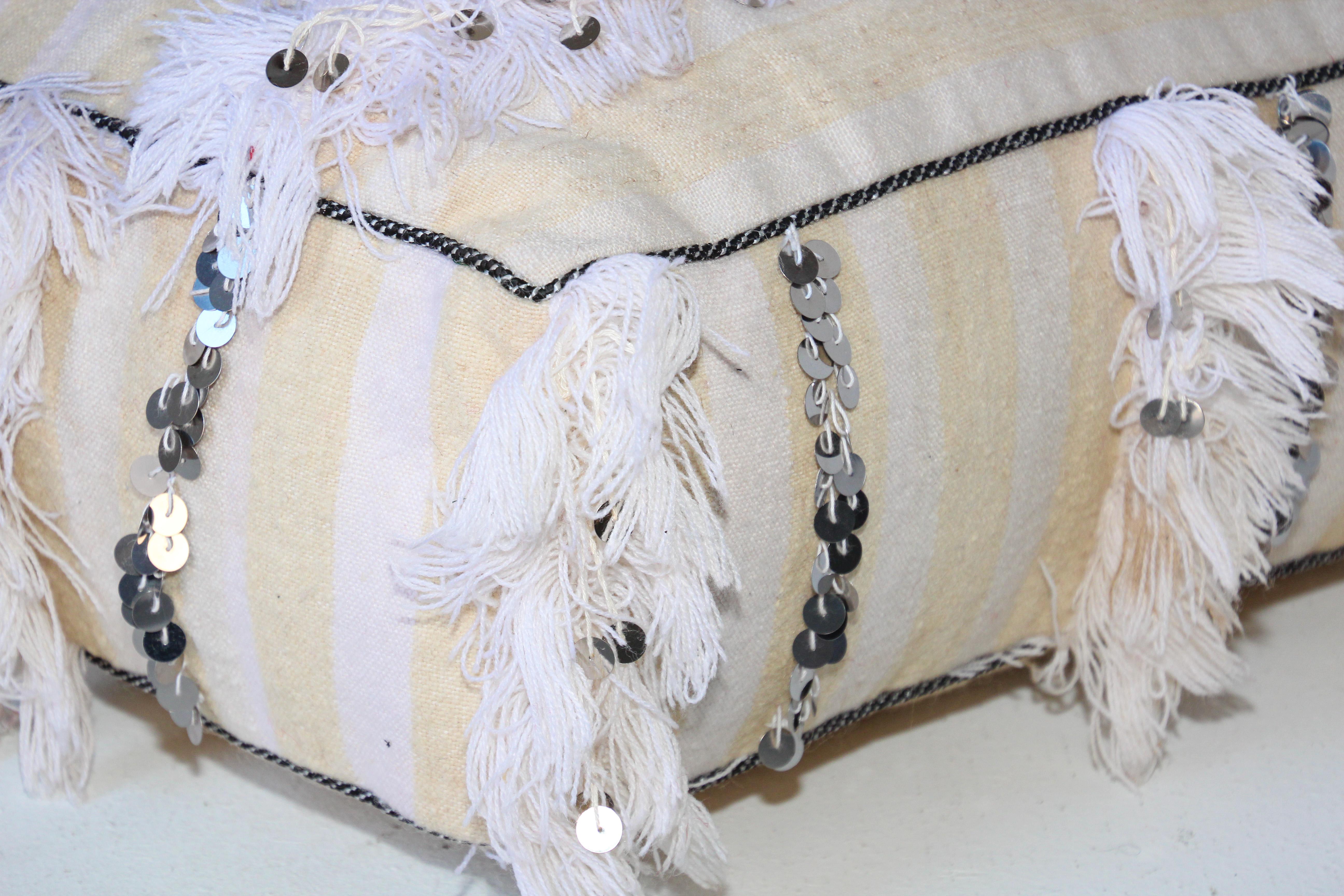 Moroccan White Floor Pillow Pouf with Silver Sequins and Long Fringes 3