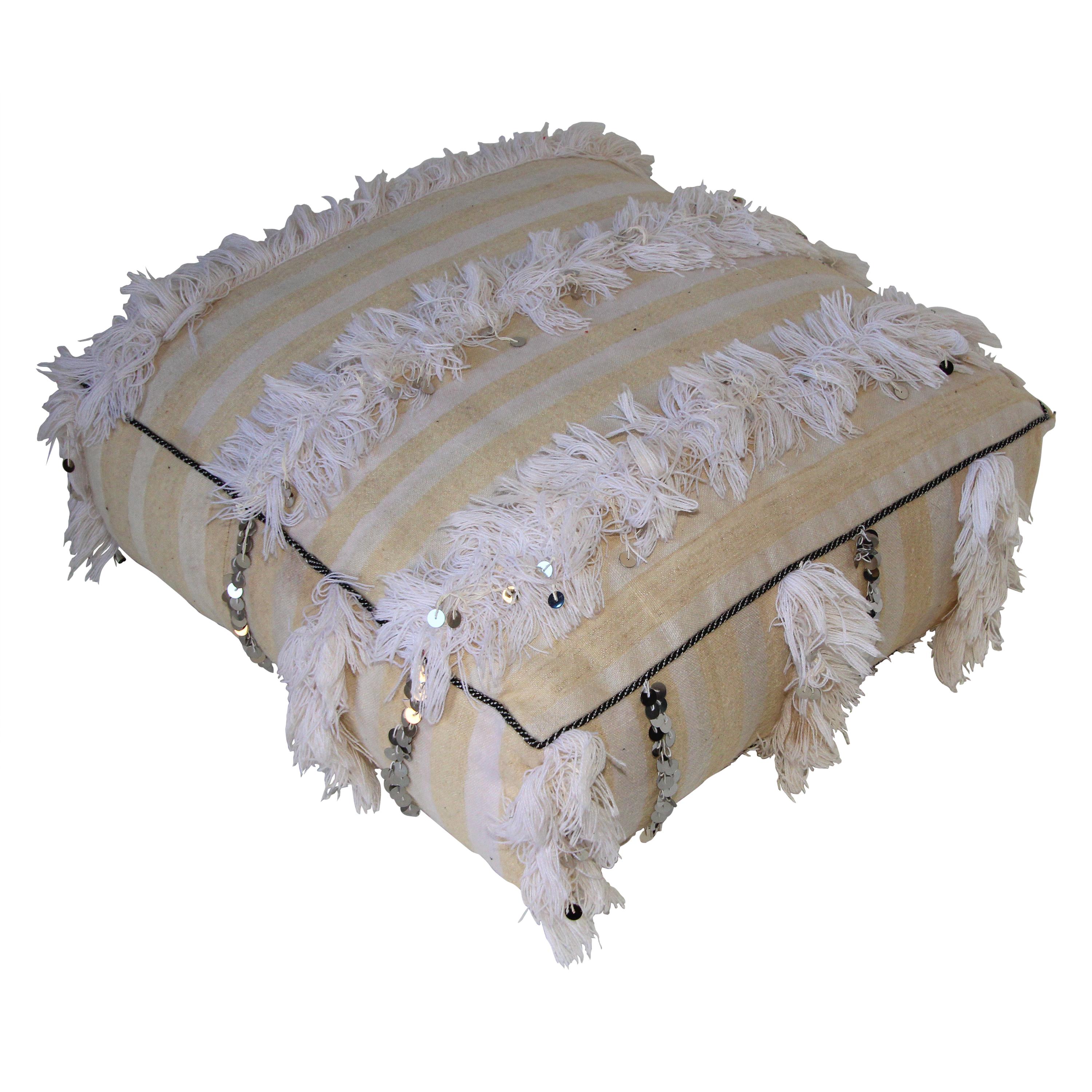 Moroccan White Floor Pillow Pouf with Silver Sequins and Long Fringes