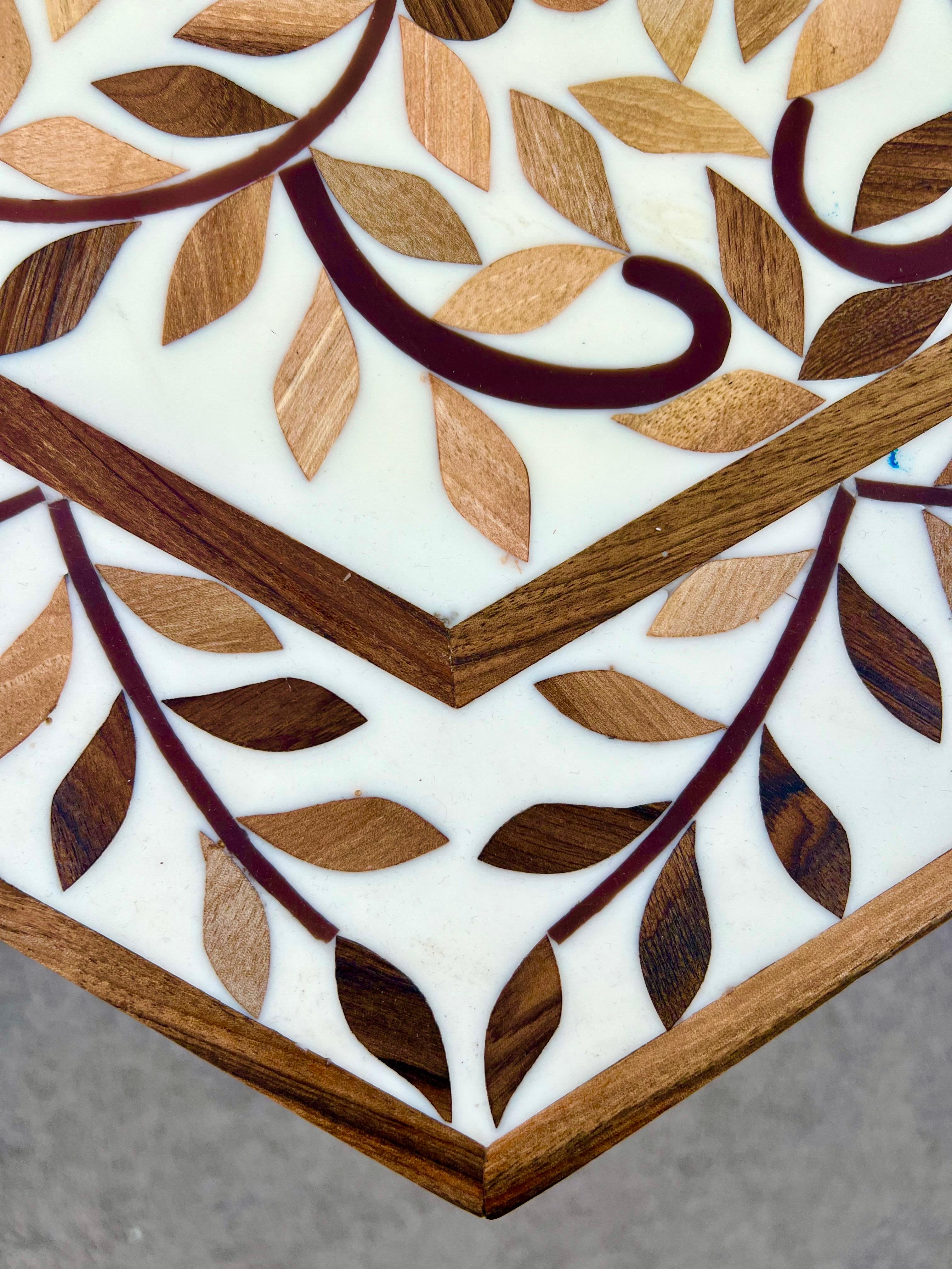 Moroccan Boho-Chic Handmade Walnut & Resin Inlay Hexagonal Side or End Table For Sale 4
