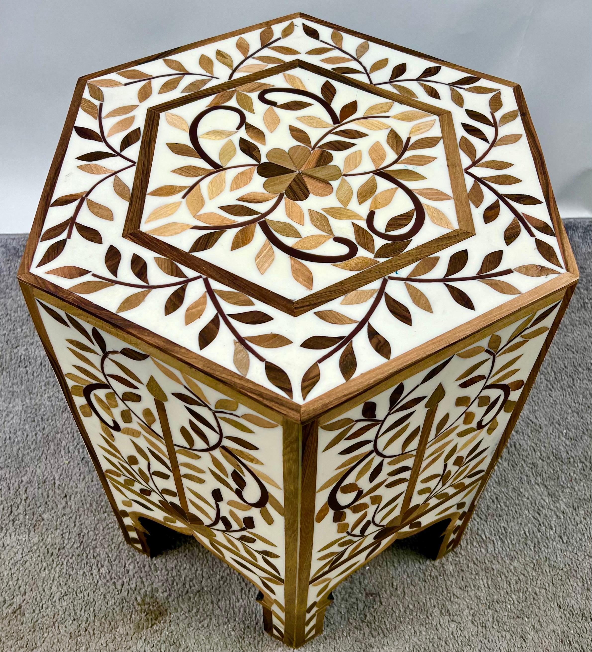 Hand-Crafted Moroccan Boho-Chic Handmade Walnut & Resin Inlay Hexagonal Side or End Table For Sale