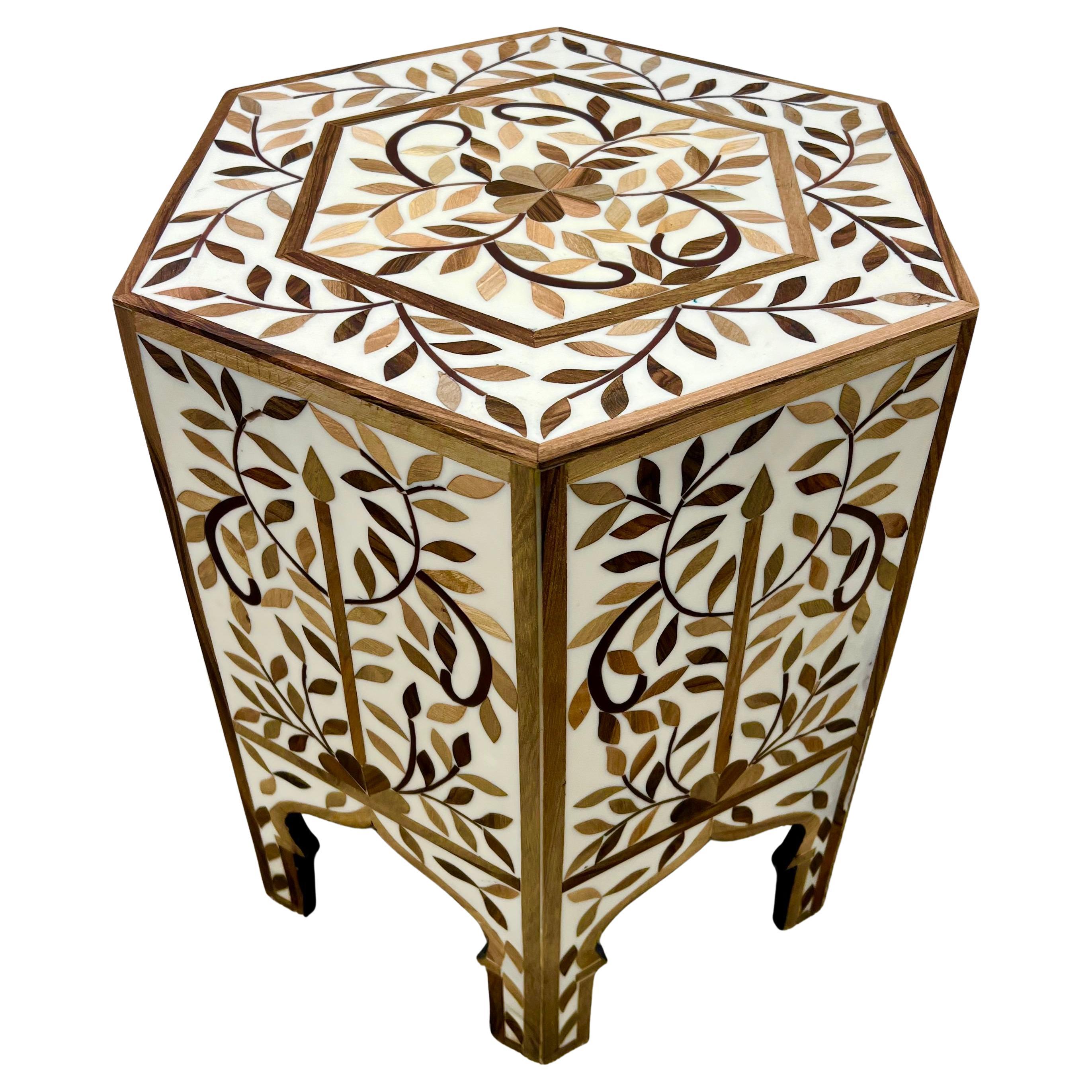 Moroccan Boho-Chic Handmade Walnut & Resin Inlay Hexagonal Side or End Table For Sale