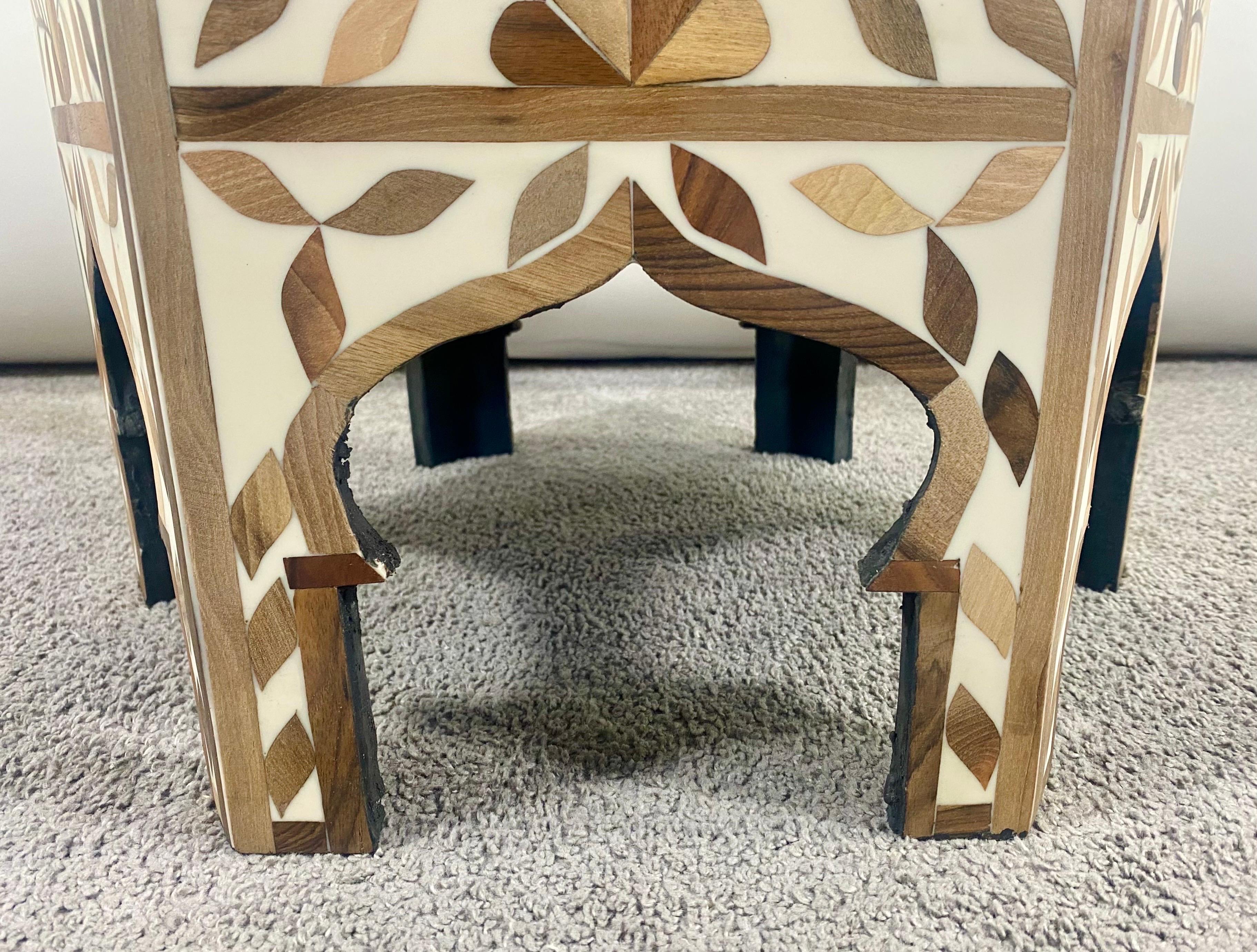 Moroccan Boho Chic Leaf Design Resin & Walnut Hexagonal Side or End Table, Pair For Sale 4