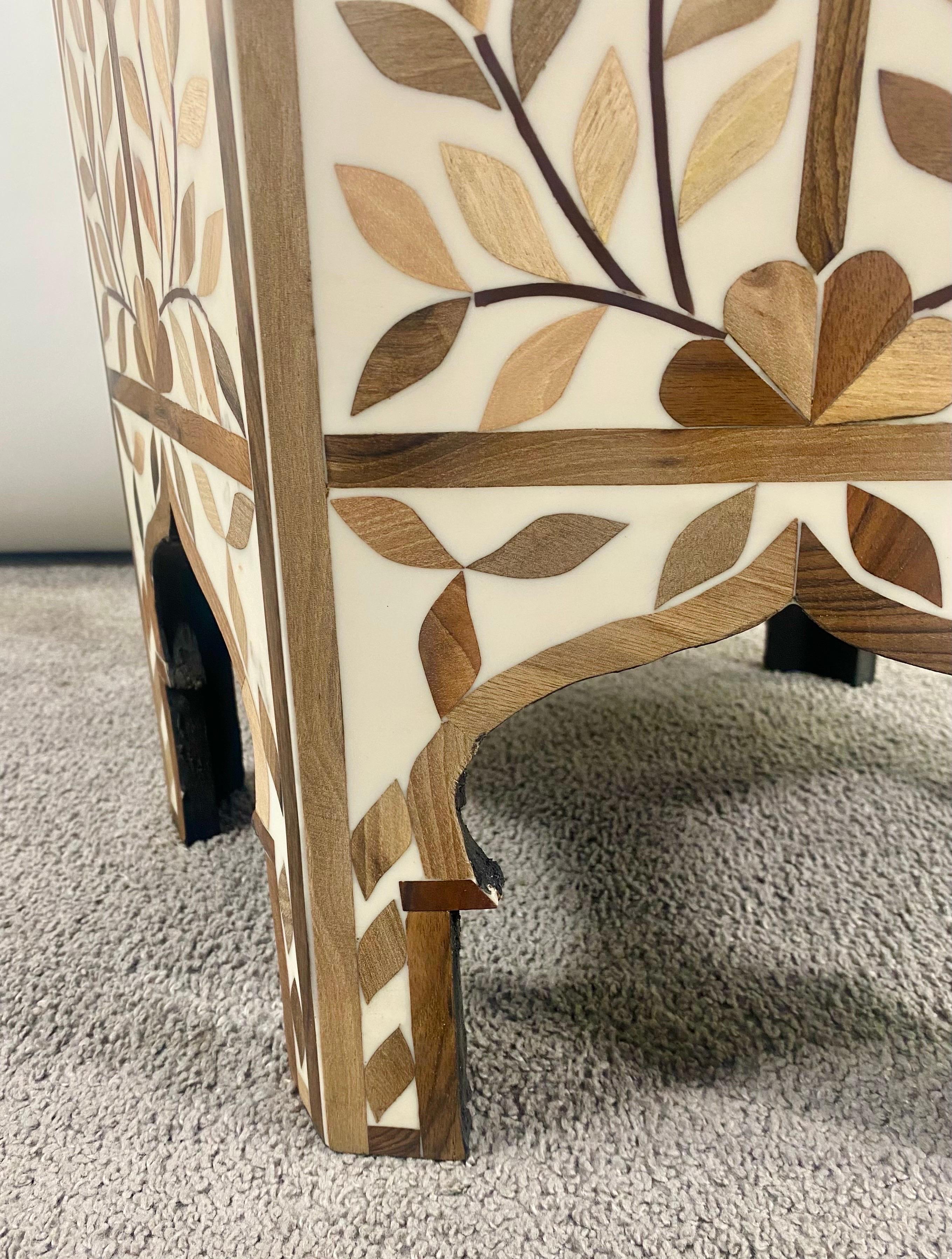 Moroccan Boho Chic Leaf Design Resin & Walnut Hexagonal Side or End Table, Pair For Sale 5