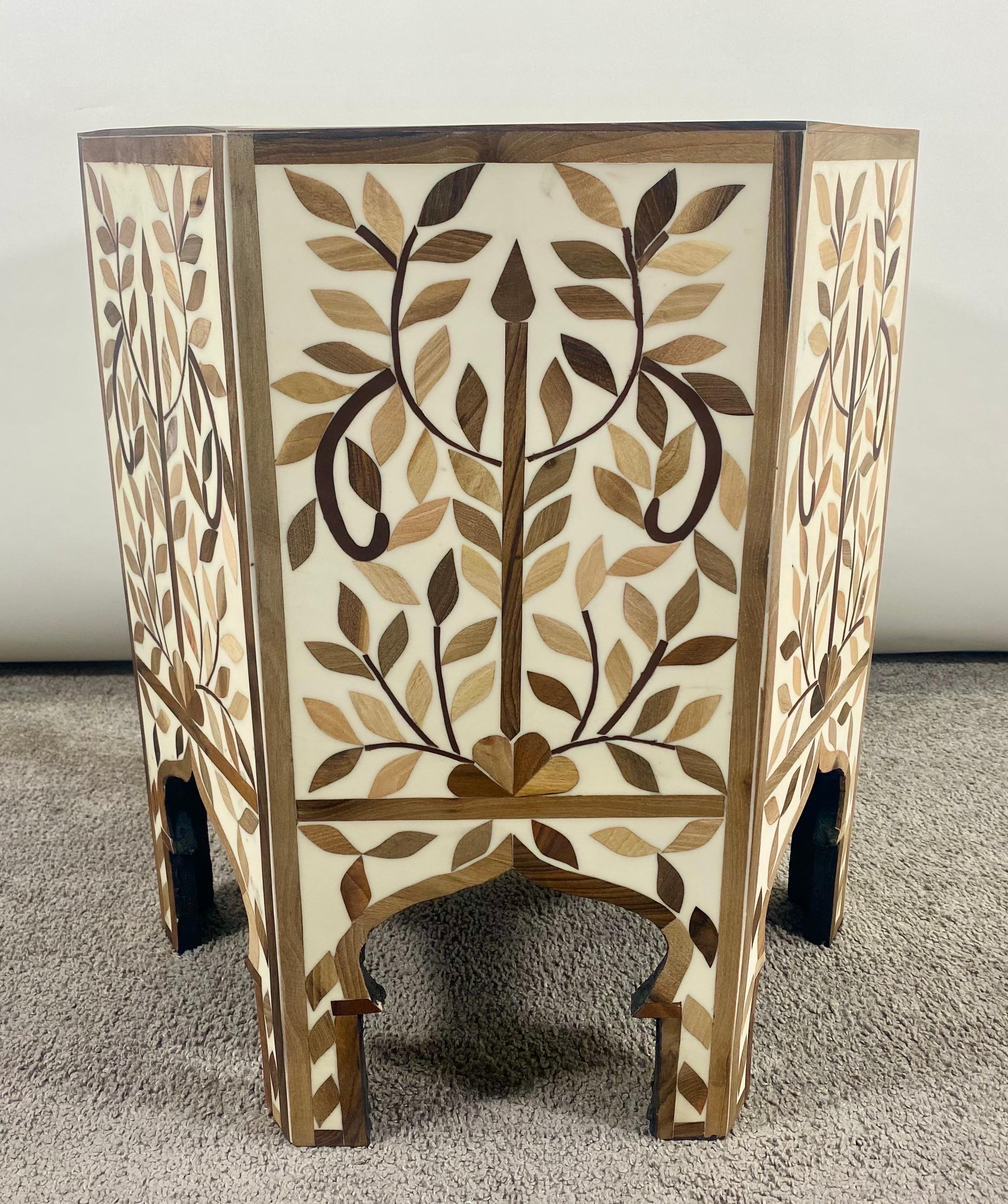Moroccan Boho Chic Leaf Design Resin & Walnut Hexagonal Side or End Table, Pair For Sale 6