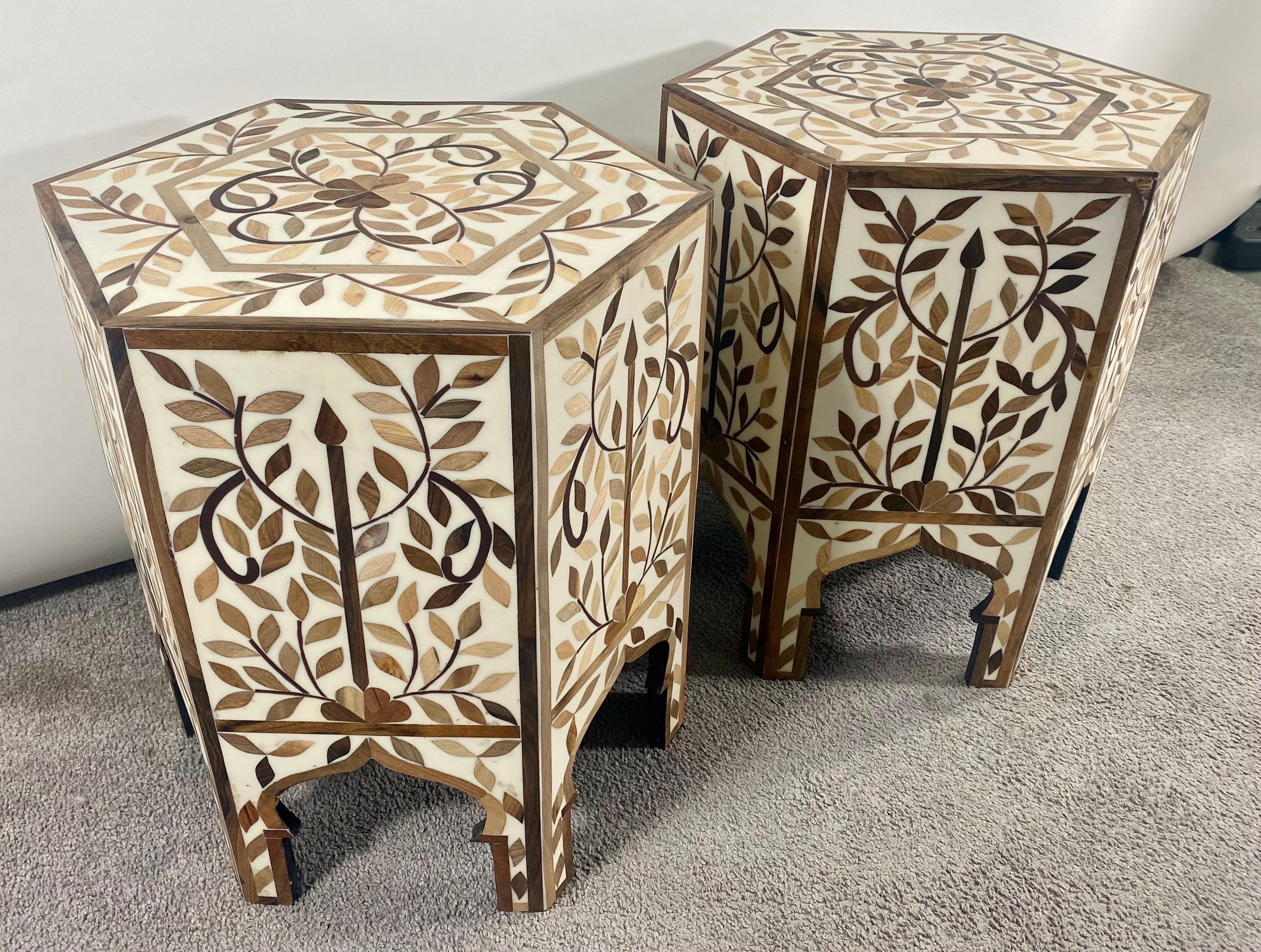 Bohemian Moroccan Boho Chic Leaf Design Resin & Walnut Hexagonal Side or End Table, Pair For Sale