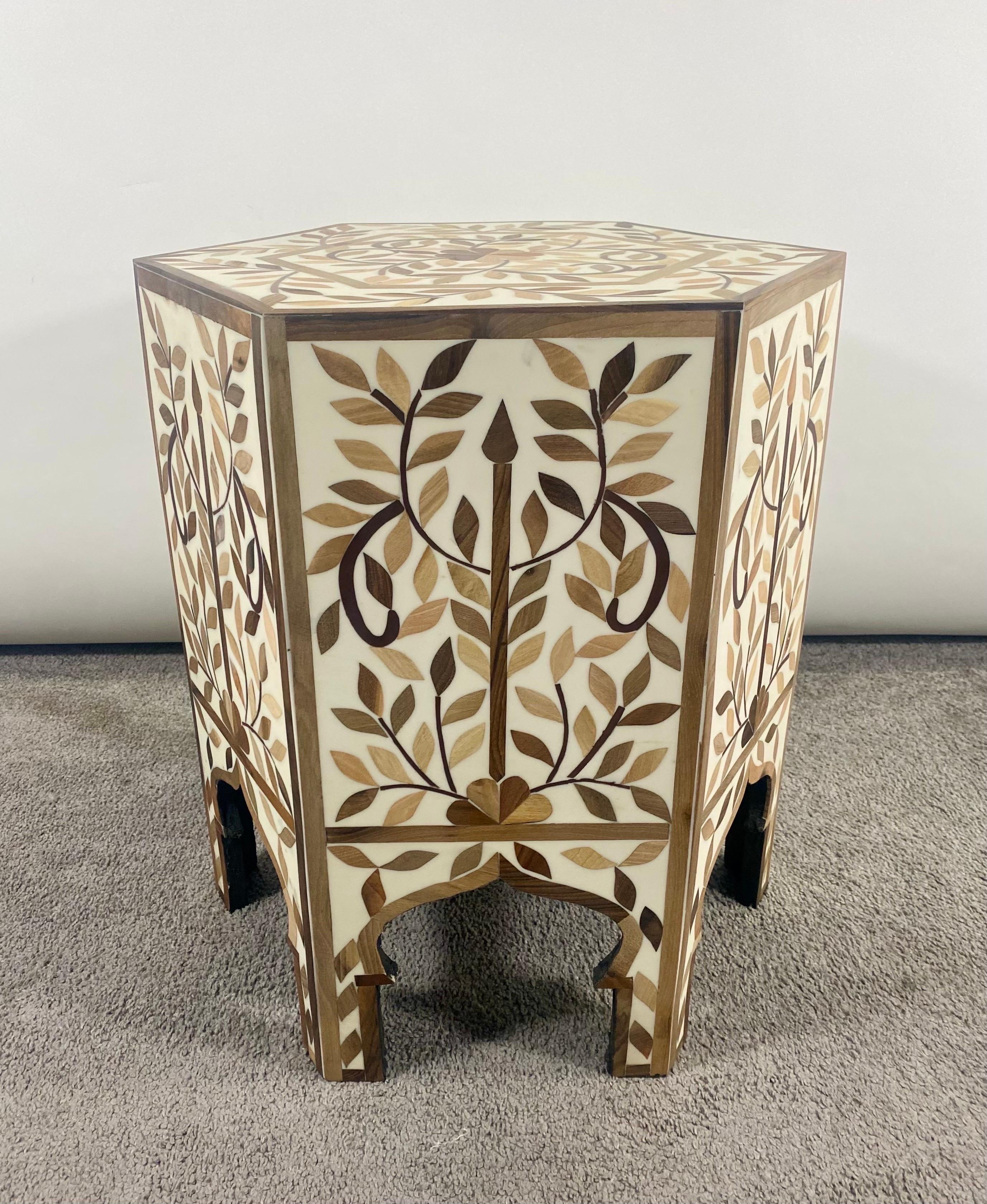 Hand-Carved Moroccan Boho Chic Leaf Design Resin & Walnut Hexagonal Side or End Table, Pair For Sale