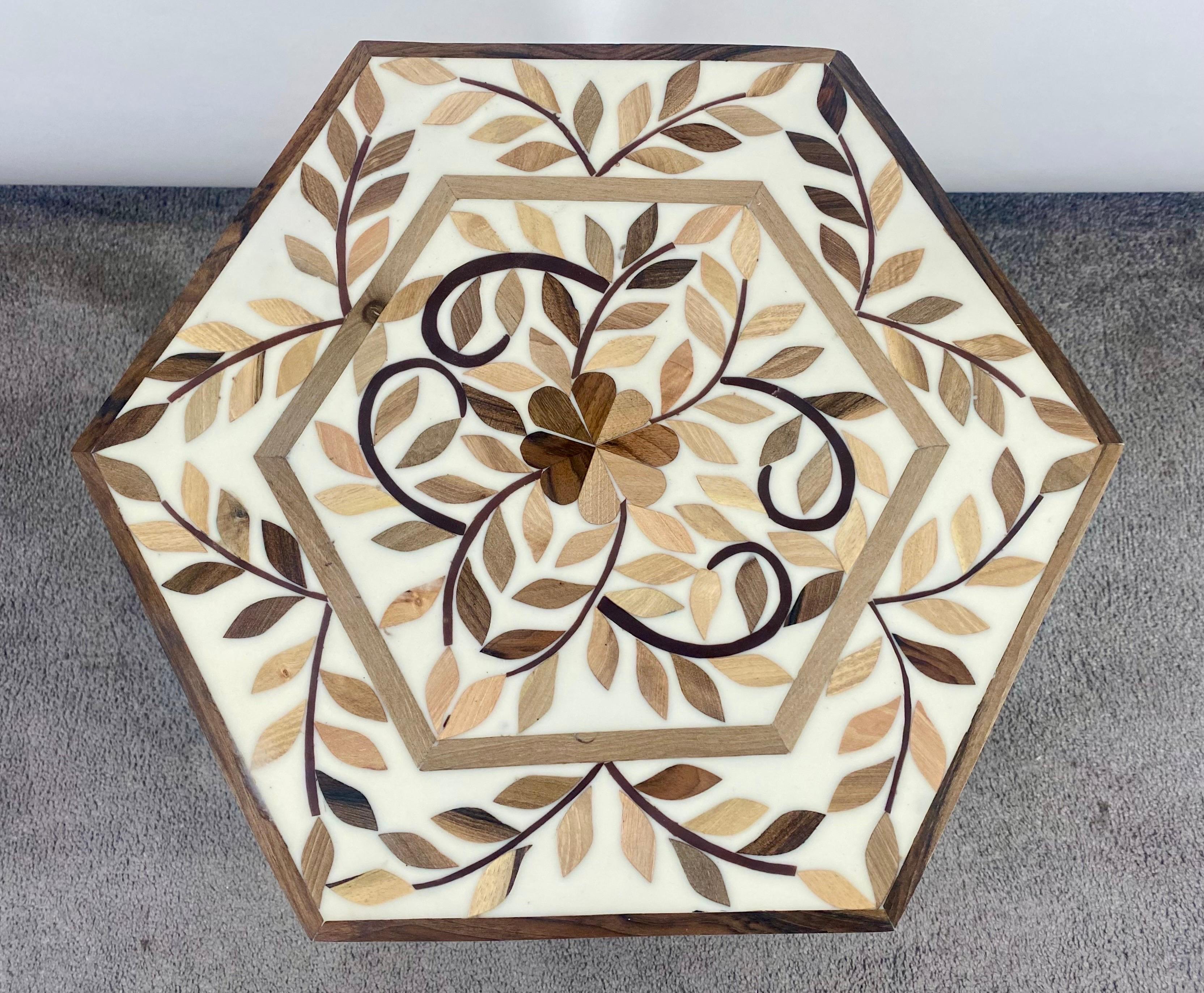 Moroccan Boho Chic Leaf Design Resin & Walnut Hexagonal Side or End Table, Pair For Sale 1