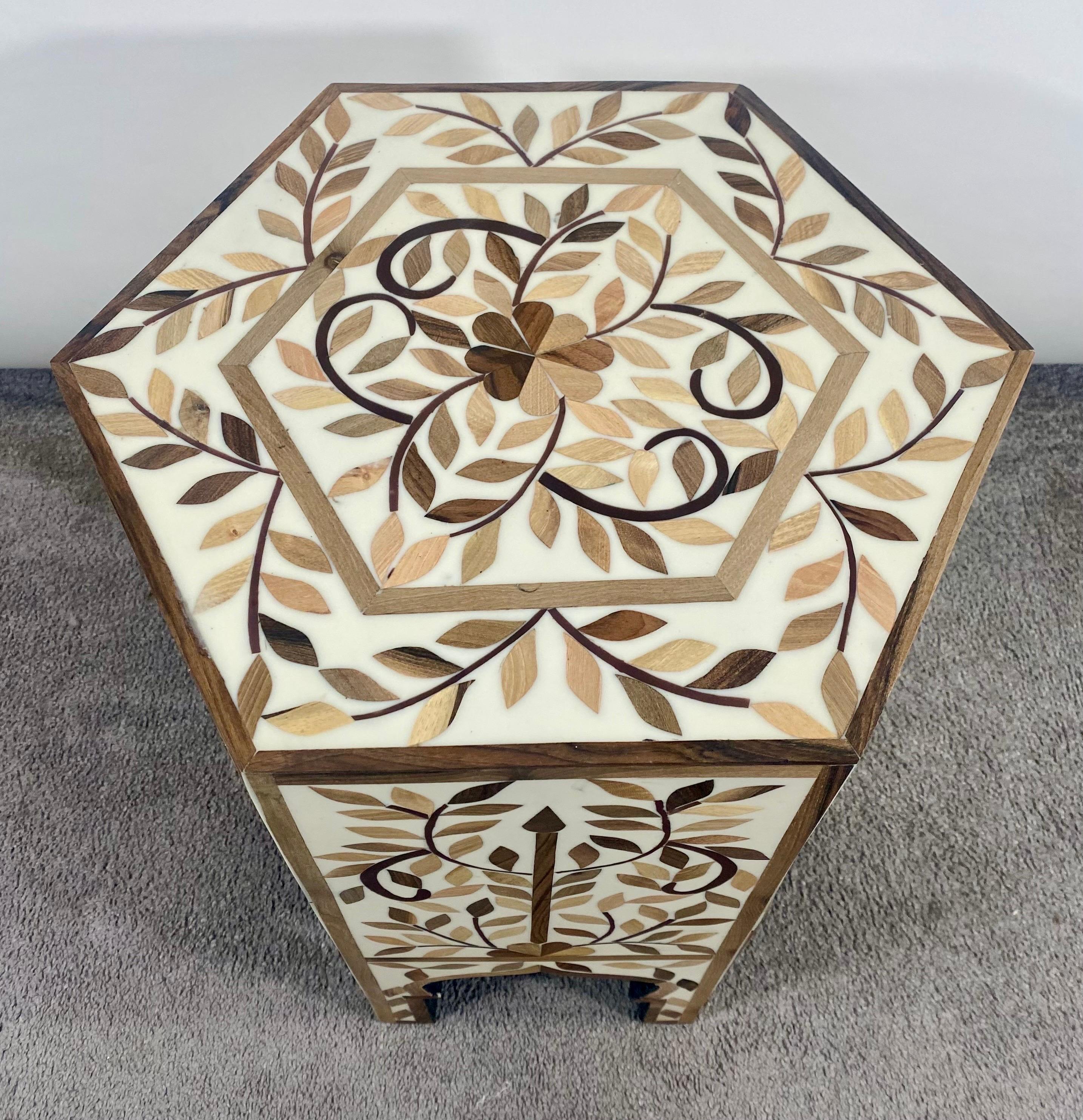 Moroccan Boho Chic Leaf Design Resin & Walnut Hexagonal Side or End Table, Pair For Sale 2