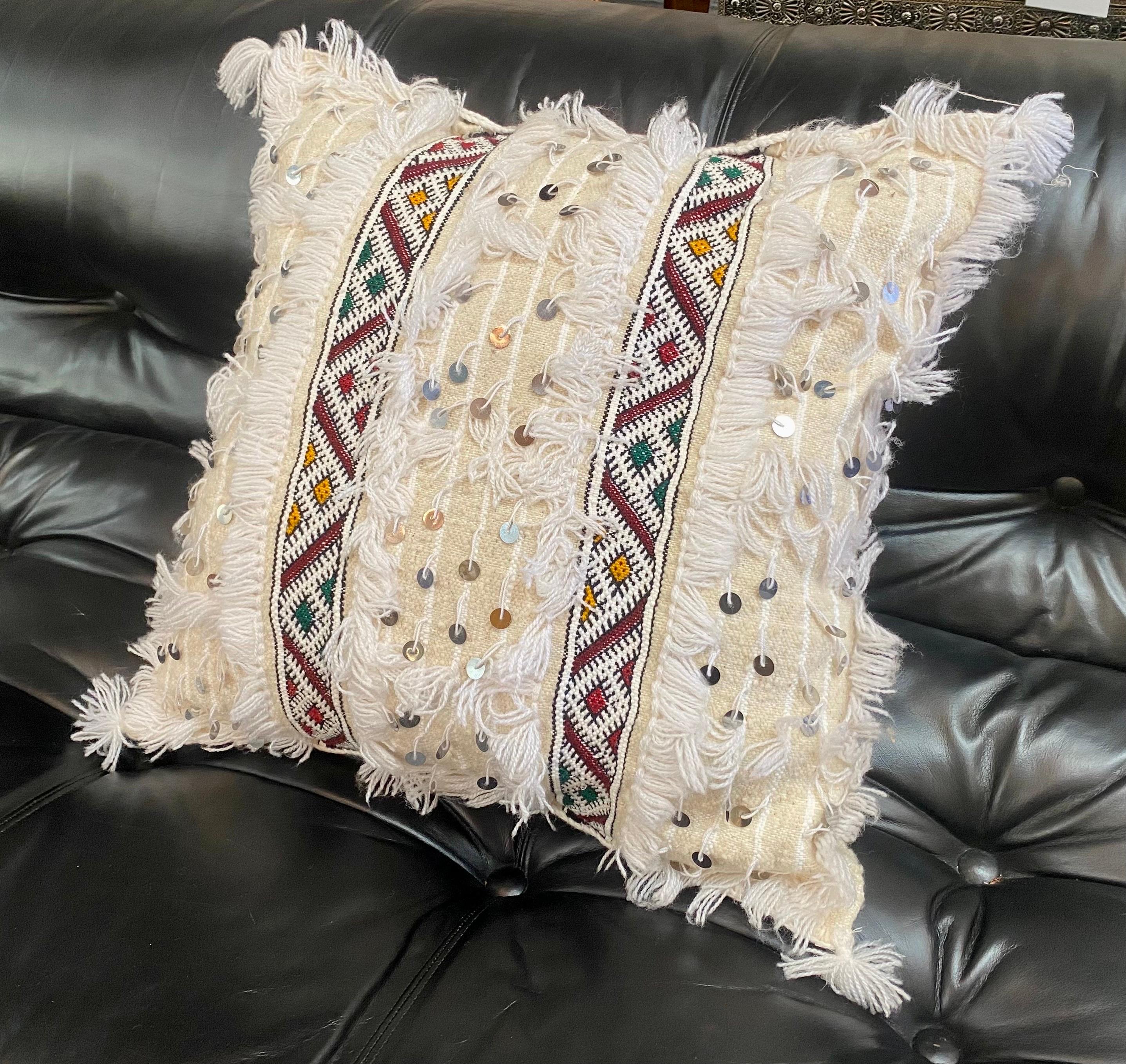 Hand-Woven Moroccan Boho Chic off - White Handmade Wedding Pillow, a Pair For Sale