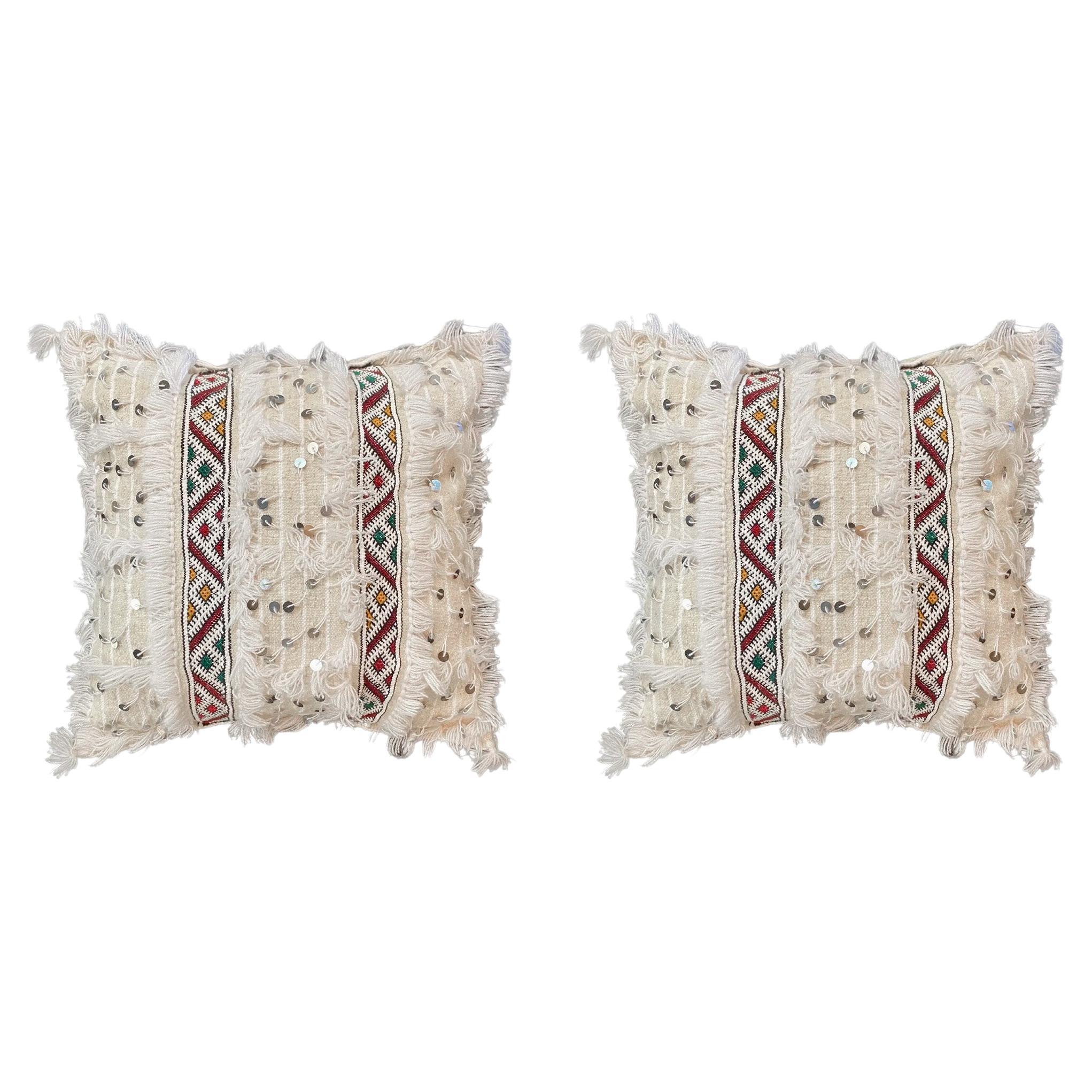 Moroccan Boho Chic off - White Handmade Wedding Pillow, a Pair For Sale
