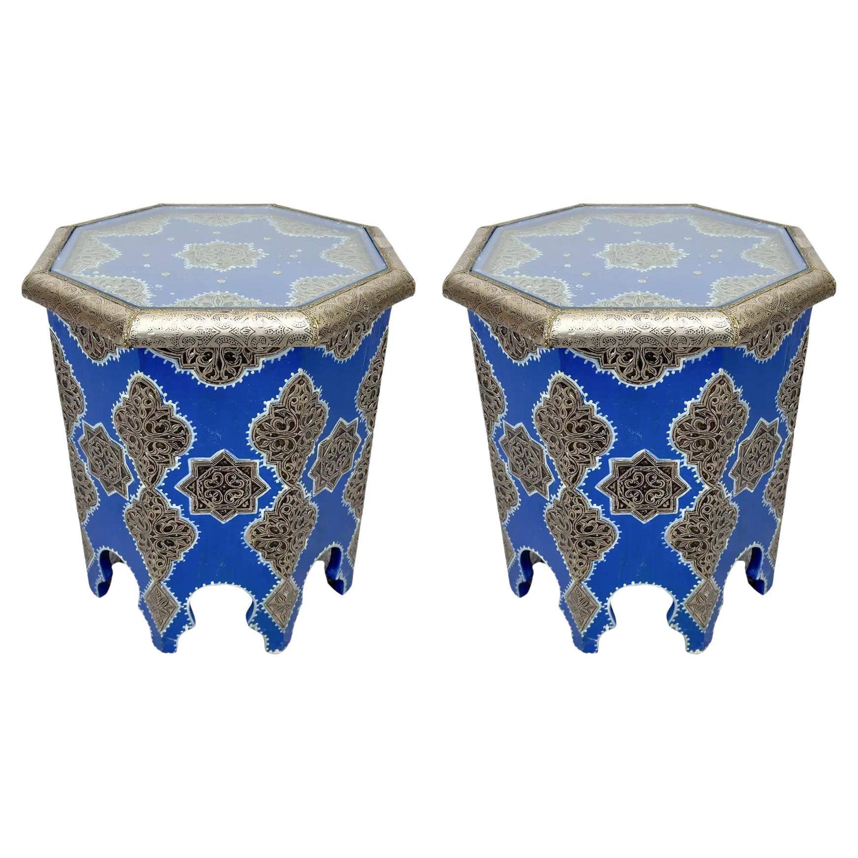 Moroccan Boho Chic White Brass Inlaid Side or End Table in Blue, a Pair For Sale