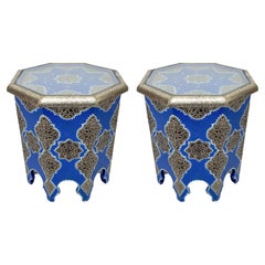 Moroccan Boho Chic White Brass Inlaid Side or End Table in Blue, a Pair