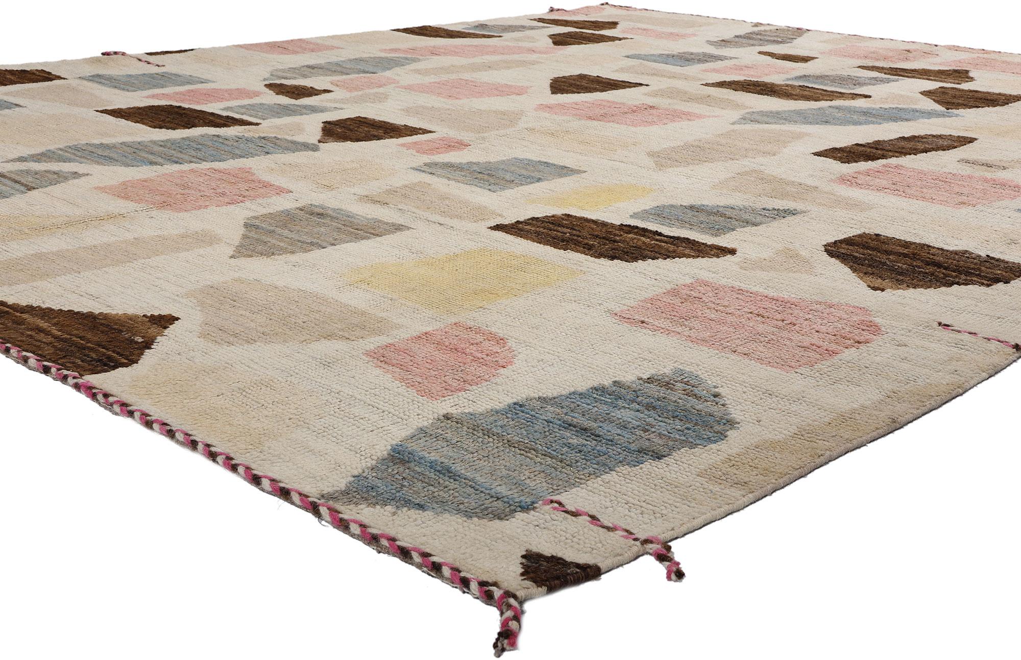 81060 Organic Modern Moroccan Terrazzo Rug, 08'03 x 10'02. Step into a world where Mid-Century Modern sophistication meets Bohemian charm with our hand-knotted wool 