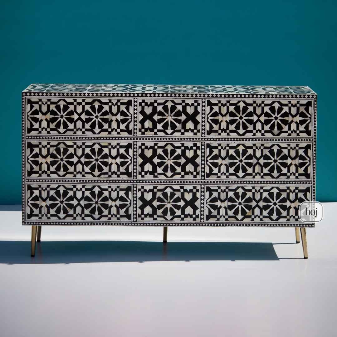 Moroccan Bone Inlay 9 Drawer Dresser, Chest of Drawers by House of Jaipur in vendita 3