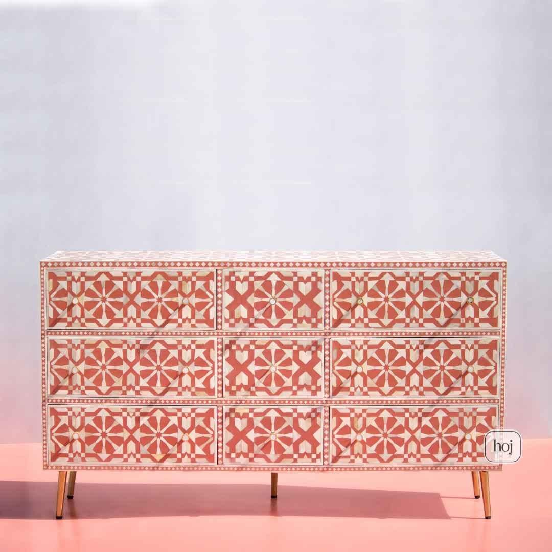 Moroccan Bone Inlay 9 Drawer Dresser, Chest of Drawers by House of Jaipur in vendita 3
