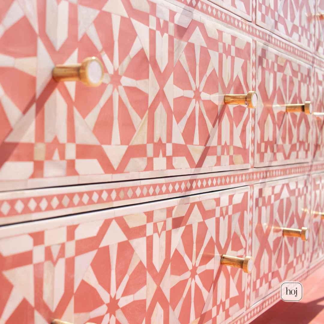 Indiano Moroccan Bone Inlay 9 Drawer Dresser, Chest of Drawers by House of Jaipur in vendita