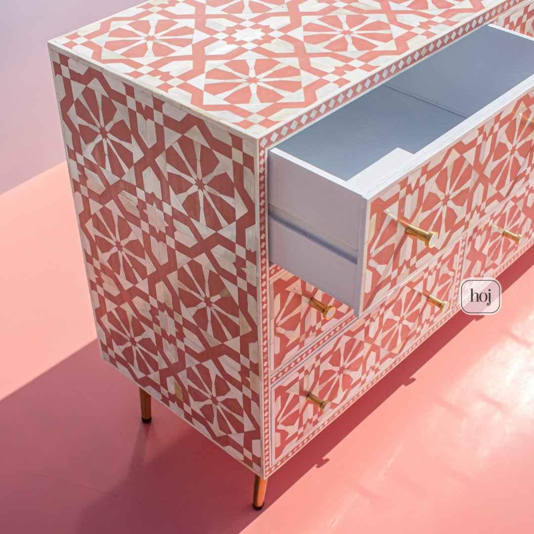 Intarsio Moroccan Bone Inlay 9 Drawer Dresser, Chest of Drawers by House of Jaipur in vendita