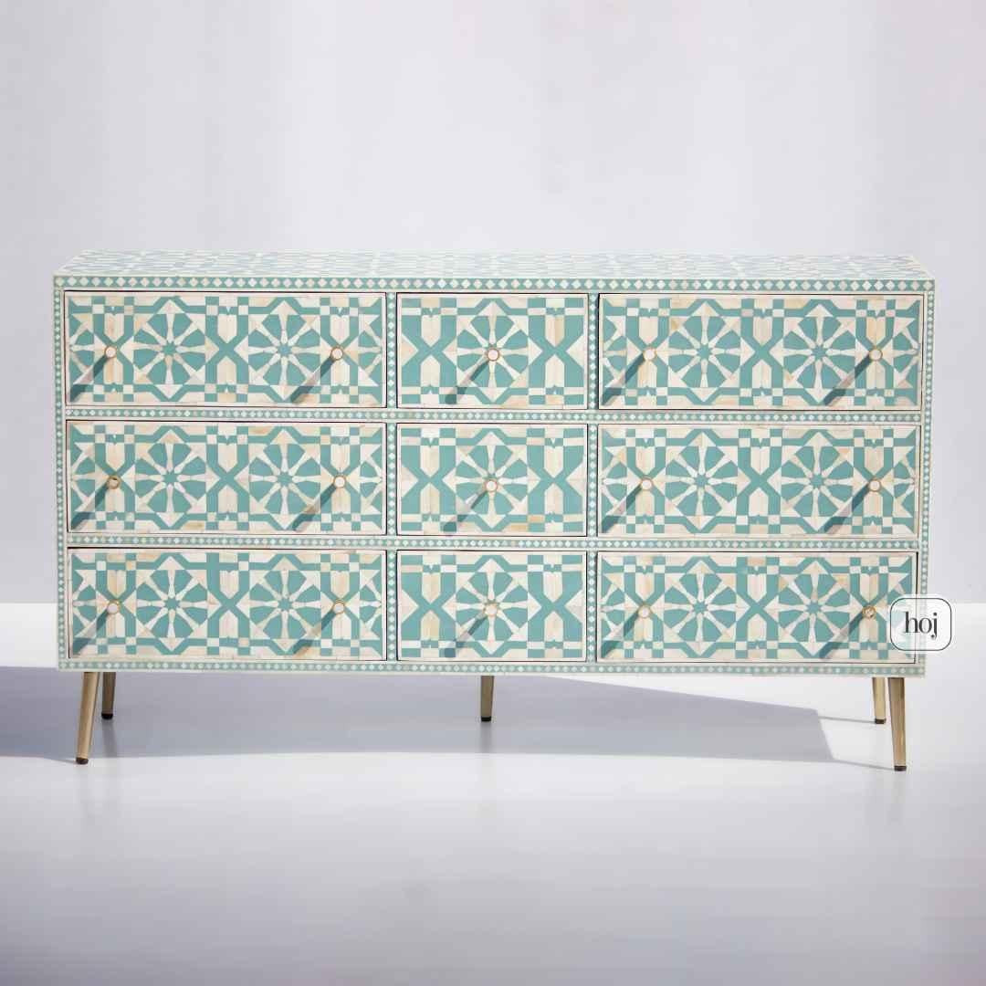Moroccan Bone Inlay 9 Drawer Dresser, Chest of Drawers by House of Jaipur In condizioni Nuovo in vendita a New York, NY