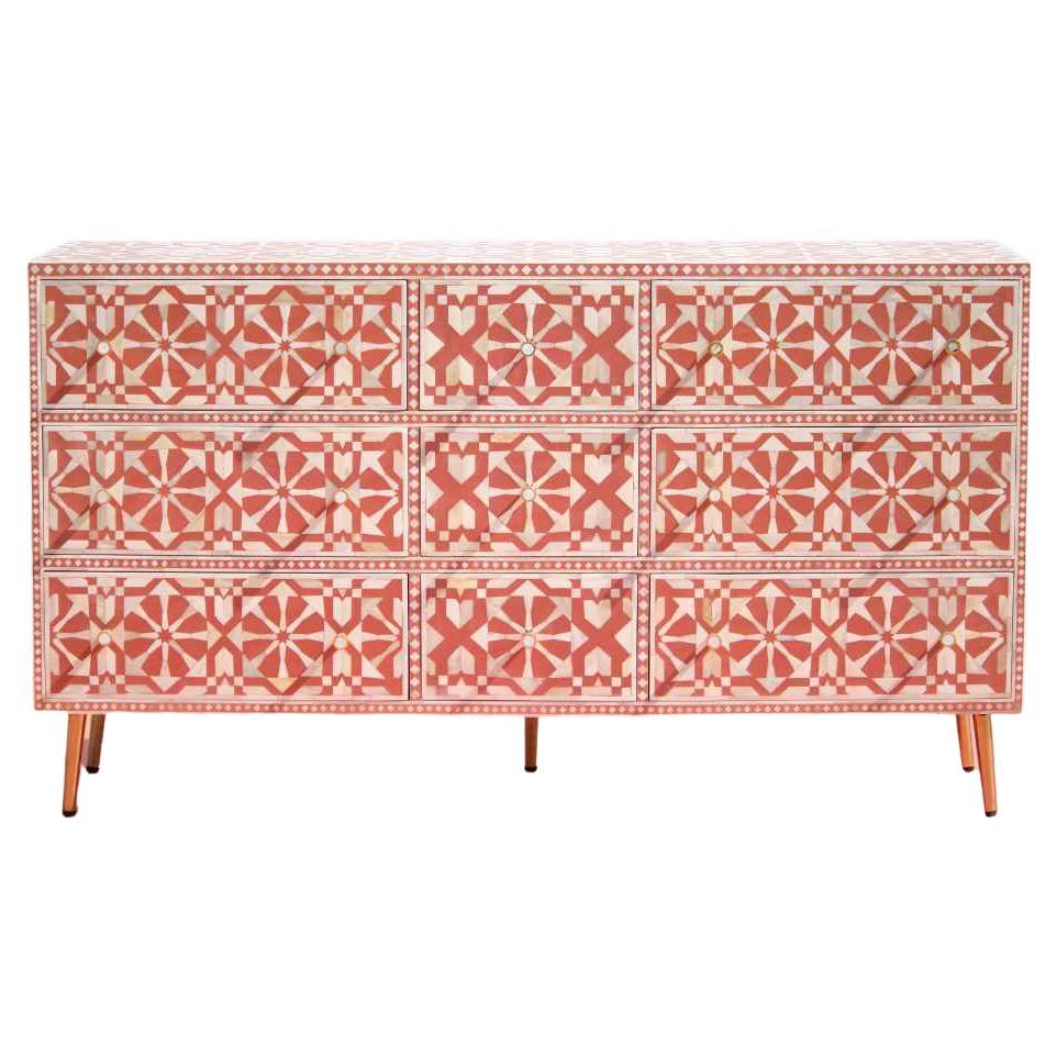 Moroccan Bone Inlay 9 Drawer Dresser, Chest of Drawers by House of Jaipur in vendita