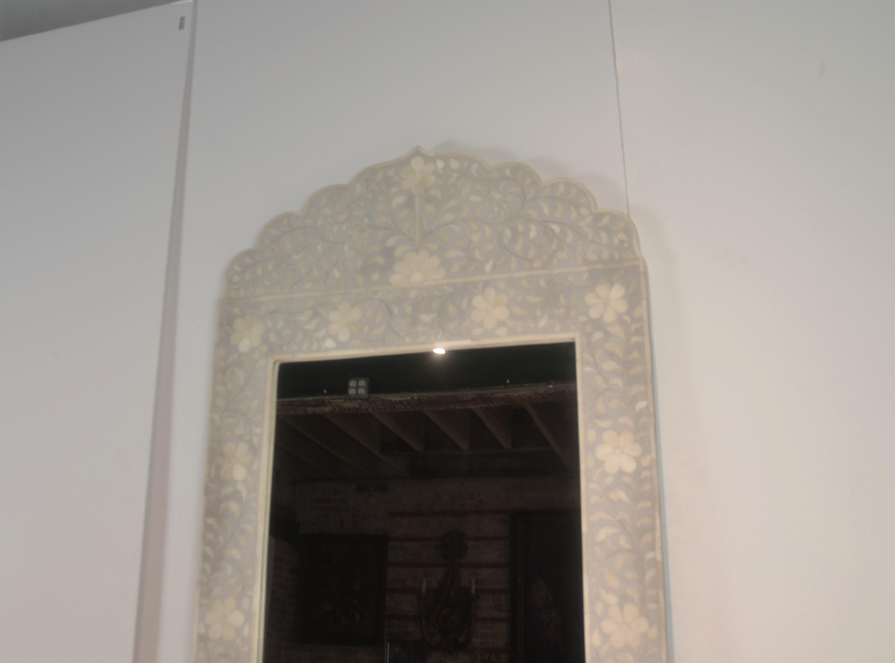 Large-scaled Moroccan mirror with intricate bone inlay.